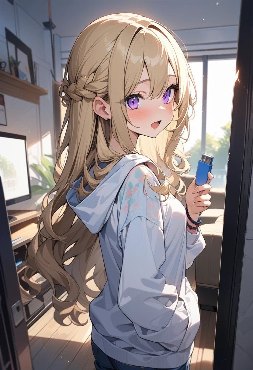 masterpiece, best quality, extremely detailed, ultra detailed, flat anime, 2D,
1girl, (young adult:1.2),blonde hair, (semi-long hair:1.2), curly hair, french braid, medium breasts, purple eyes, tsurime, height 1.7meters,
white hooded sweatshirt, jeans,bracelet, long sleeves,socks,
very interesting, open mouth, ((small USB flash memory in hand)),
upper body, portrait, looking back
summer, livingroom, 12AM., standing