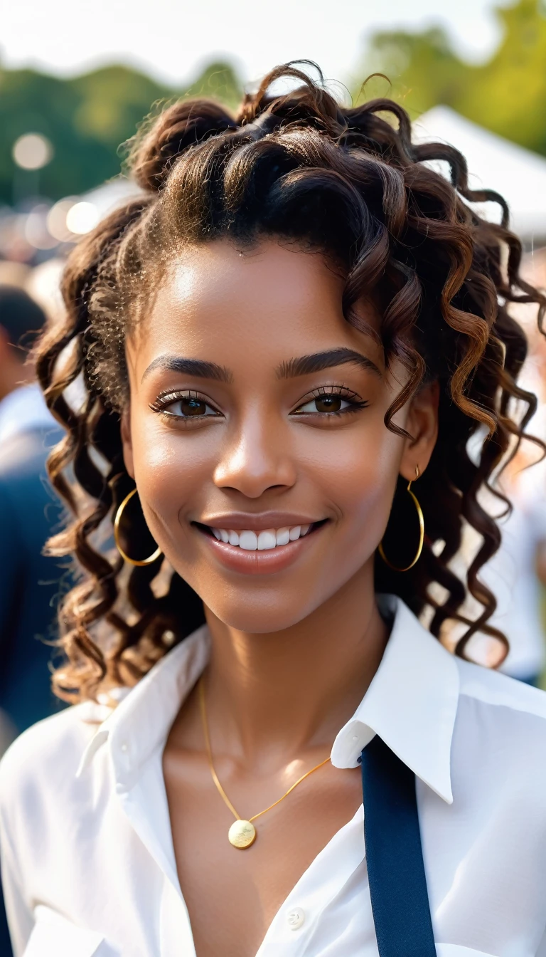 (best quality,4k,highres, highres face details), Bina, African American 30-year-old, with long brown curly hair, wearing a white buttoned-up shirt, Instagram model, walking around at an outdoor jazz concert with a beautiful smile