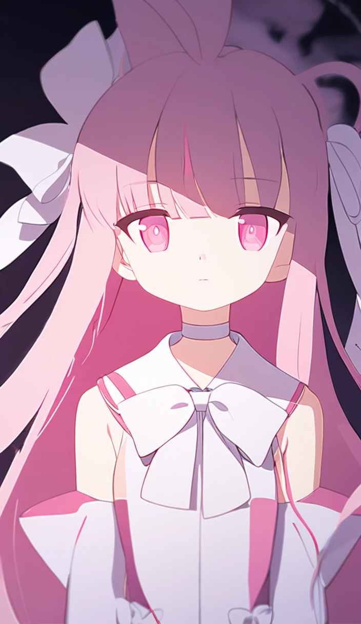 1girl,solo,long hair,pink hair,detached sleeves,bangs,simple background,looking at viewer,upper body,ribbon,bow,bowtie,closed mouth,very long hair,white ribbon,white bow,hair ribbon,pink eyes,choker,bare shoulders,white sleeves,sleeveless,score_9,score_8_up,score_7_up,Expressiveh,rating_safe,(masterpiece, best quality