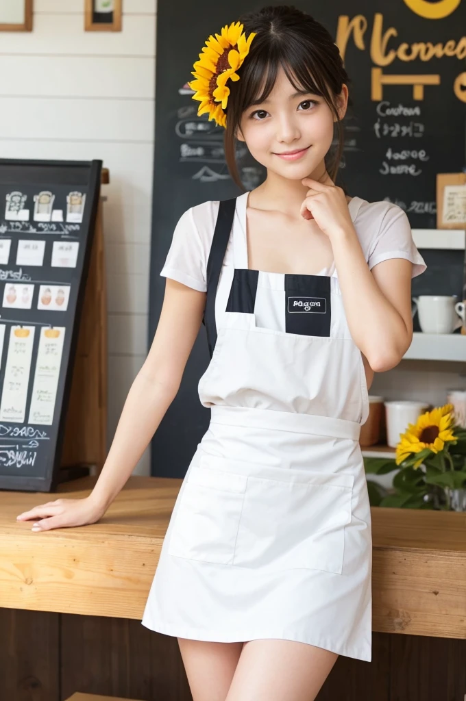 20 years old girl (Japanese cute face) is wearing mini skirt and white apron and working at the cafe with sunflowers