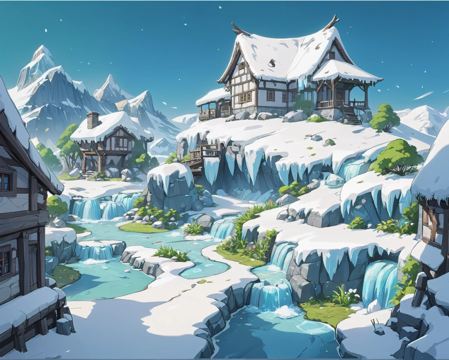 传奇皮肤“glacier，Snowfield，Snow White，glacier，stone buildings，glacier雪原场景，Green Plants，Cartoon Style，Game scene