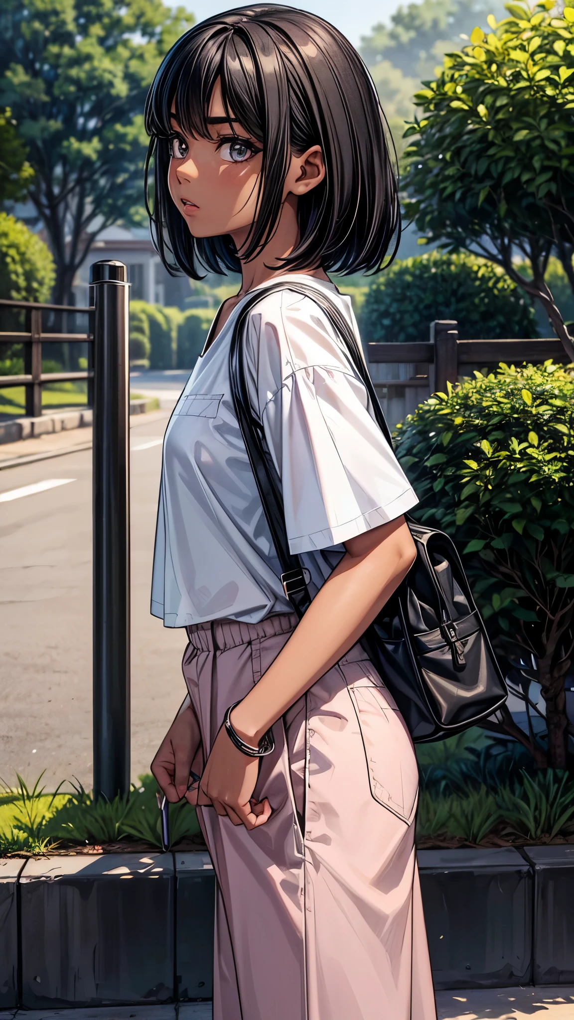 ((From side2.0)),((look away2.0)),((face close up)),beautiful detailed eyes, beautiful detailed lips, extremely detailed eyes and face, longeyelashes, 1 Japanese girl, outside the countryside,16 years old,((dark skin color2.0)), (very short black hair),displeased,casual ((striped shirt, short sleeve)),((pink color wide pants)),blue sneaker, shoulder bag, walk the countryside,best quality, 4k, 8k, highres, masterpiece:1.2, ultra-detailed, realistic, photorealistic, photo-realistic:1.37, HDR, UHD, studio lighting, ultra-fine painting, sharp focus, physically-based rendering, extreme detail description, professional, vivid colors, bokeh, portraits