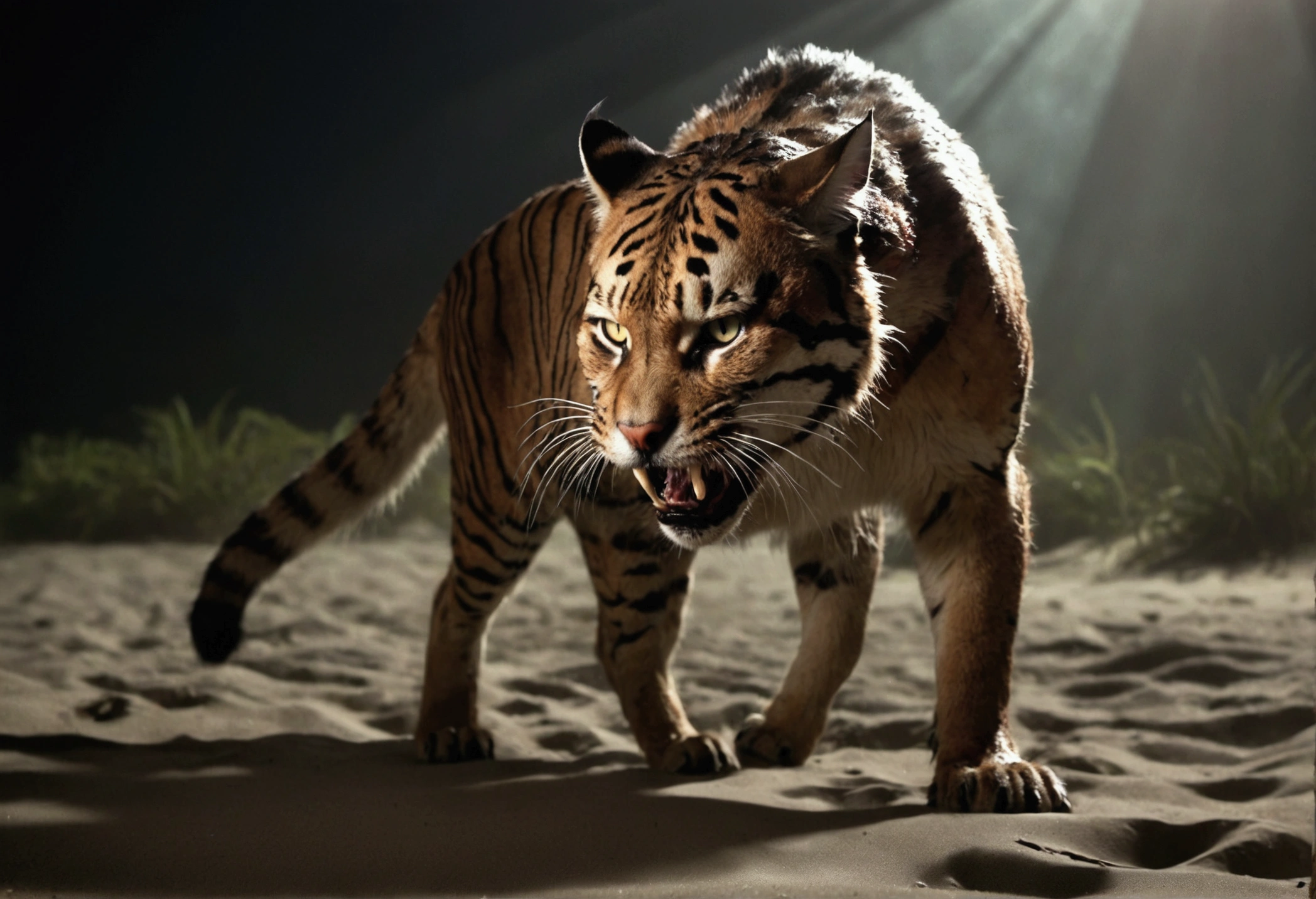 a giant cat,a woman in bikini,stalking,eating,beach,moonlight,horror,playing with prey,extremely detailed,cinematic lighting,vivid colors,dark atmosphere,realistic,photorealistic,photo-realistic:1.37,best quality,4k,8k,highres,masterpiece:1.2,ultra-detailed,dramatic composition,suspenseful,chiaroscuro lighting,moody lighting,volumetric fog,cinematic camera angle,dramatic shadows,detailed texture,glossy fur,terrified expression,prey struggling,powerful predator
