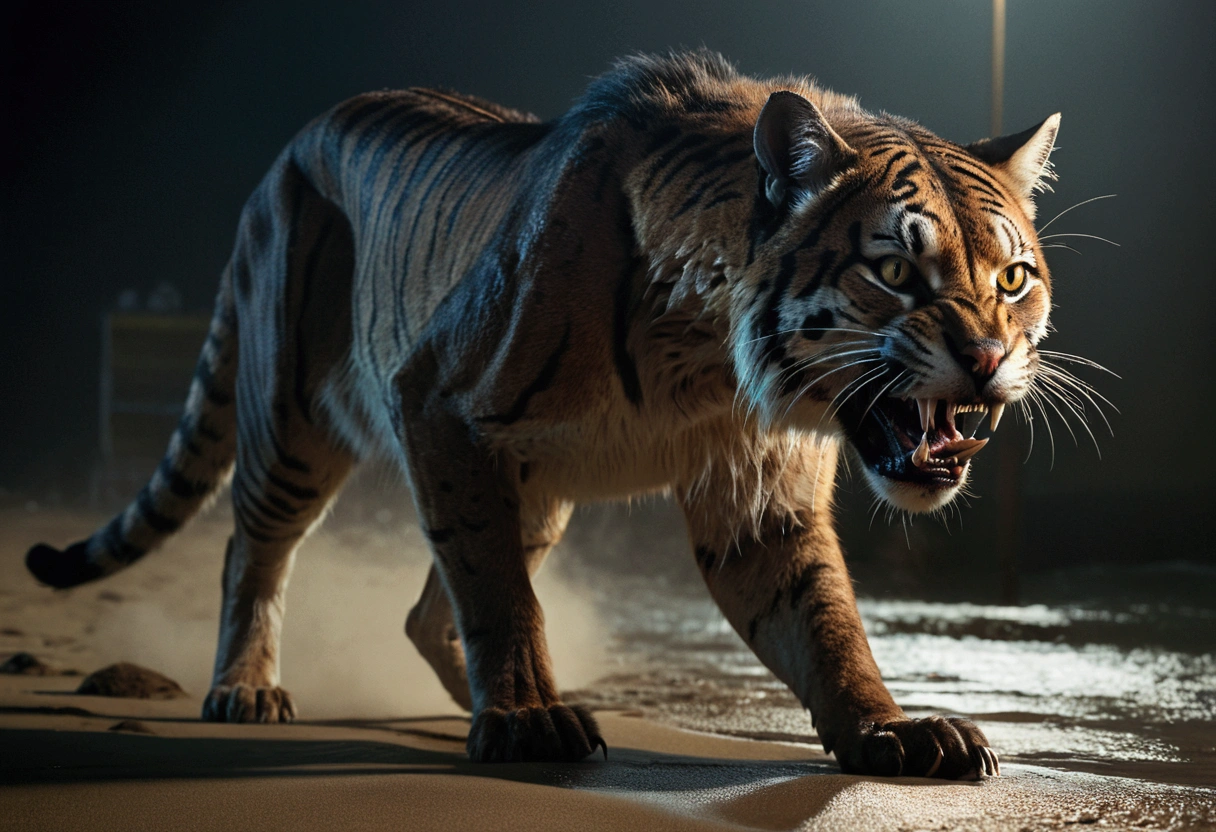 a giant cat,a woman in bikini,stalking,eating,beach,moonlight,horror,playing with prey,extremely detailed,cinematic lighting,vivid colors,dark atmosphere,realistic,photorealistic,photo-realistic:1.37,best quality,4k,8k,highres,masterpiece:1.2,ultra-detailed,dramatic composition,suspenseful,chiaroscuro lighting,moody lighting,volumetric fog,cinematic camera angle,dramatic shadows,detailed texture,glossy fur,terrified expression,prey struggling,powerful predator