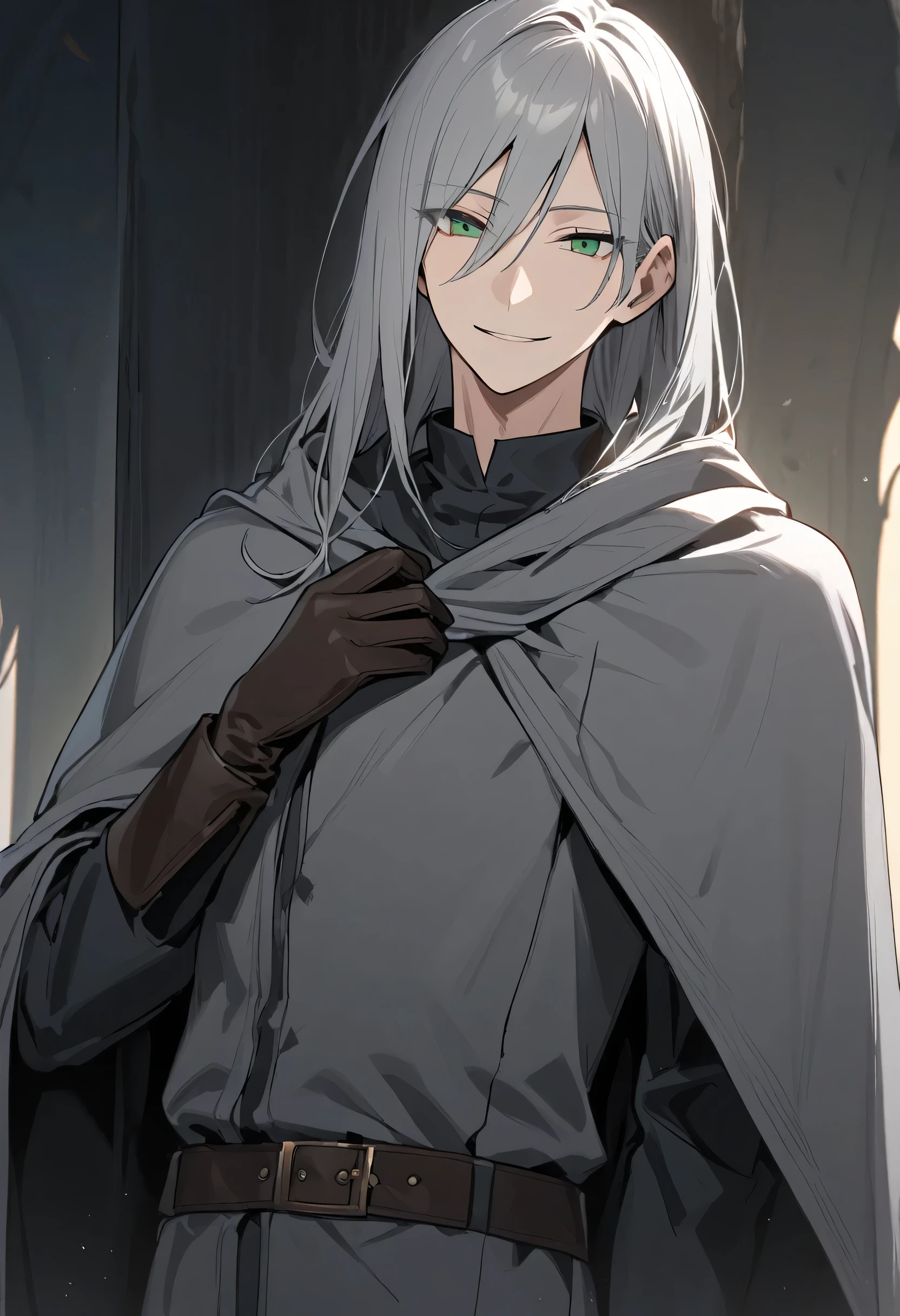 Solo-man, tall man, slender, shoulder length gray hair, green eyes, sly smile, gray robes, gray cloak, leather gloves