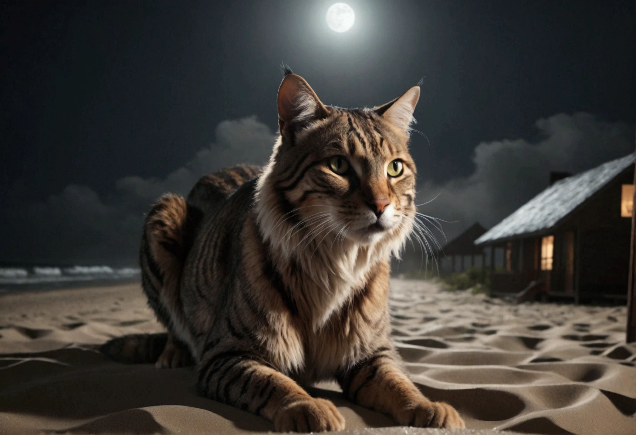 a giant cat,a woman in bikini,stalking,eating,beach,moonlight,horror,playing with prey,extremely detailed,cinematic lighting,vivid colors,dark atmosphere,realistic,photorealistic,photo-realistic:1.37,best quality,4k,8k,highres,masterpiece:1.2,ultra-detailed,dramatic composition,suspenseful,chiaroscuro lighting,moody lighting,volumetric fog,cinematic camera angle,dramatic shadows,detailed texture,glossy fur,terrified expression,prey struggling,powerful predator
