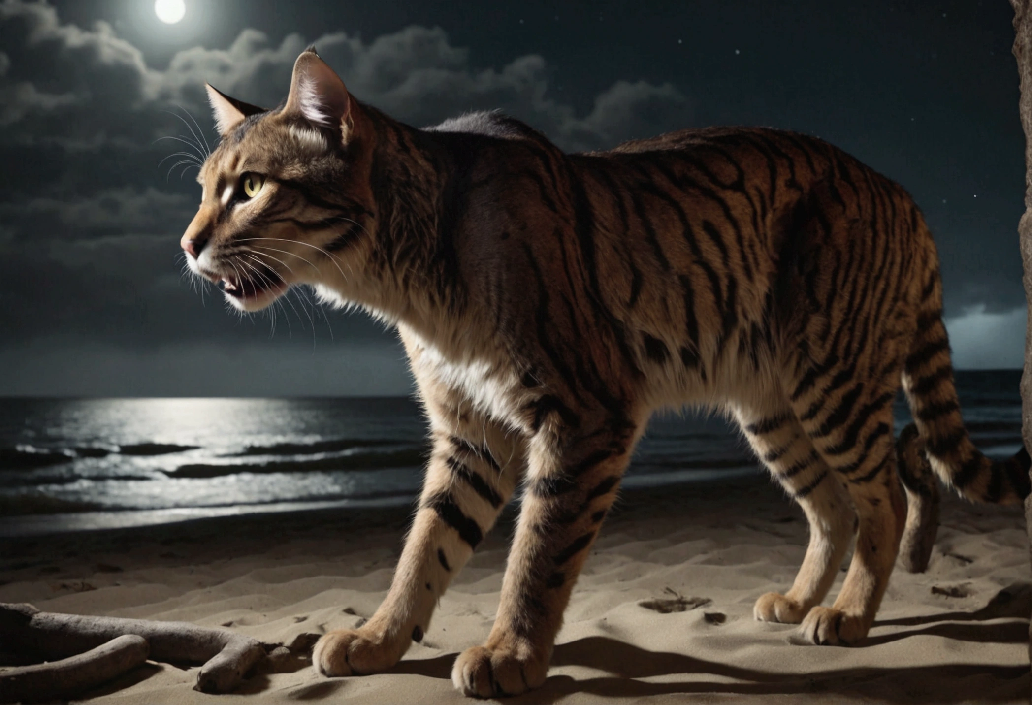 a giant cat,a woman in bikini,stalking,eating,beach,moonlight,horror,playing with prey,extremely detailed,cinematic lighting,vivid colors,dark atmosphere,realistic,photorealistic,photo-realistic:1.37,best quality,4k,8k,highres,masterpiece:1.2,ultra-detailed,dramatic composition,suspenseful,chiaroscuro lighting,moody lighting,volumetric fog,cinematic camera angle,dramatic shadows,detailed texture,glossy fur,terrified expression,prey struggling,powerful predator