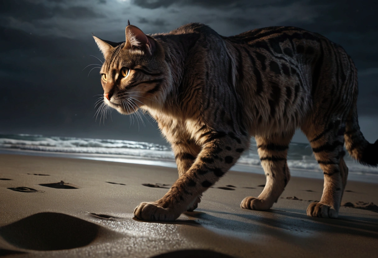 a giant cat,a woman in bikini,stalking,eating,beach,moonlight,horror,playing with prey,extremely detailed,cinematic lighting,vivid colors,dark atmosphere,realistic,photorealistic,photo-realistic:1.37,best quality,4k,8k,highres,masterpiece:1.2,ultra-detailed,dramatic composition,suspenseful,chiaroscuro lighting,moody lighting,volumetric fog,cinematic camera angle,dramatic shadows,detailed texture,glossy fur,terrified expression,prey struggling,powerful predator
