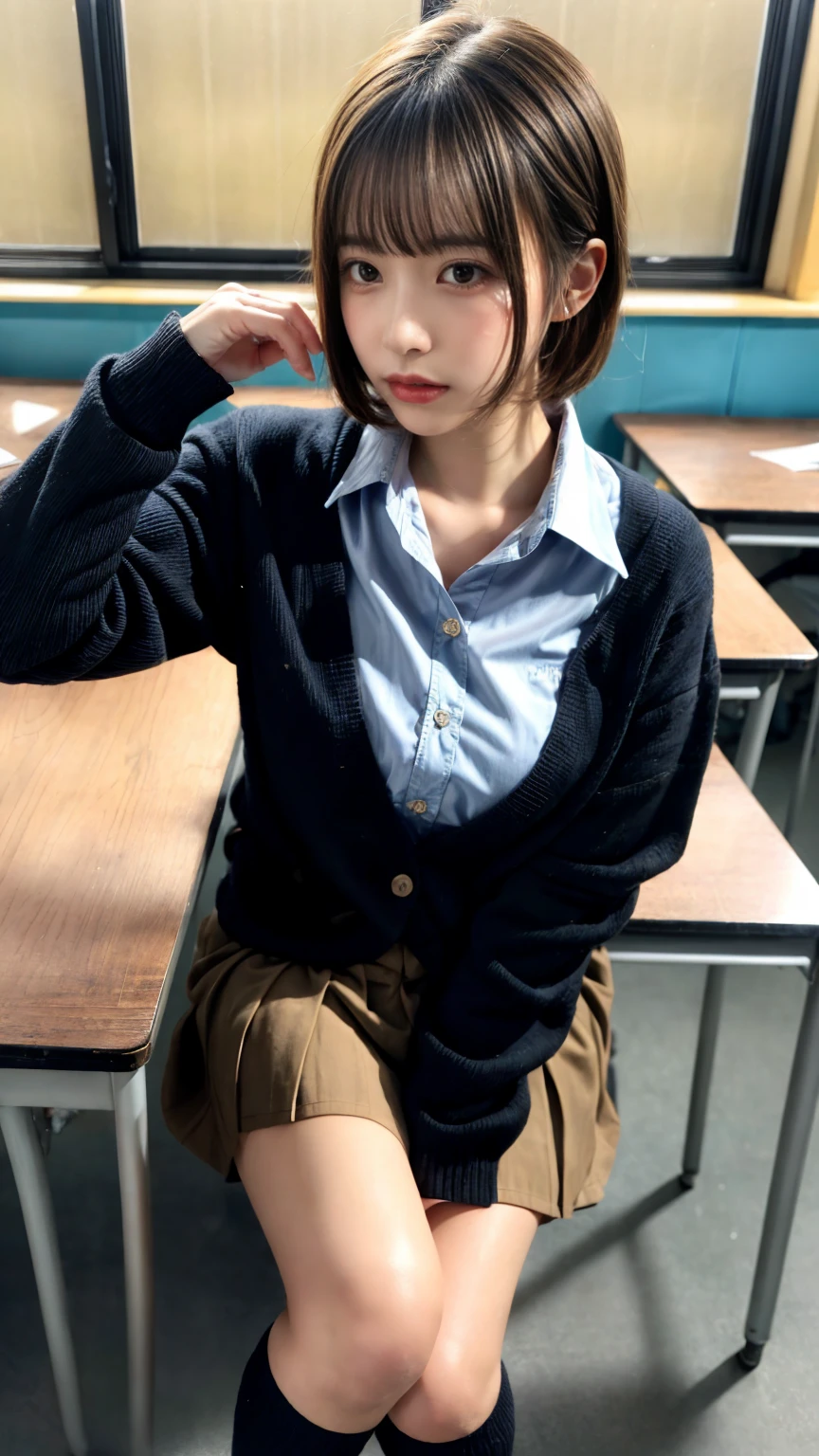 Enchanting anime girl, [ 4k digital art ]!!,Ultra-realistic painting, Art with attention to detail, 8k high quality detailed art,Curvy Tanned Gal,(puppet,Thick lips:1.2),Dress shirt,cardigan,,Side details,Pleated skirt,Brown Loafers,Blonde Short Hair,(Dark Skip:1.3),loose socks,Sweaty,close,Crouch on the desk,In the classroom,(Blushed),
