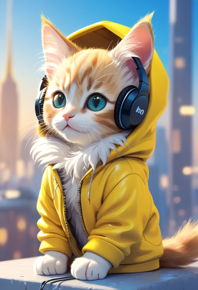 Cute kitten with fluffy fur and yellow clothes, A hoodie and headphones, The background is modern and inorganic, Adorable digital painting, 3D Rendering, Bright lighting, Vibrant colors, The background is blue sky