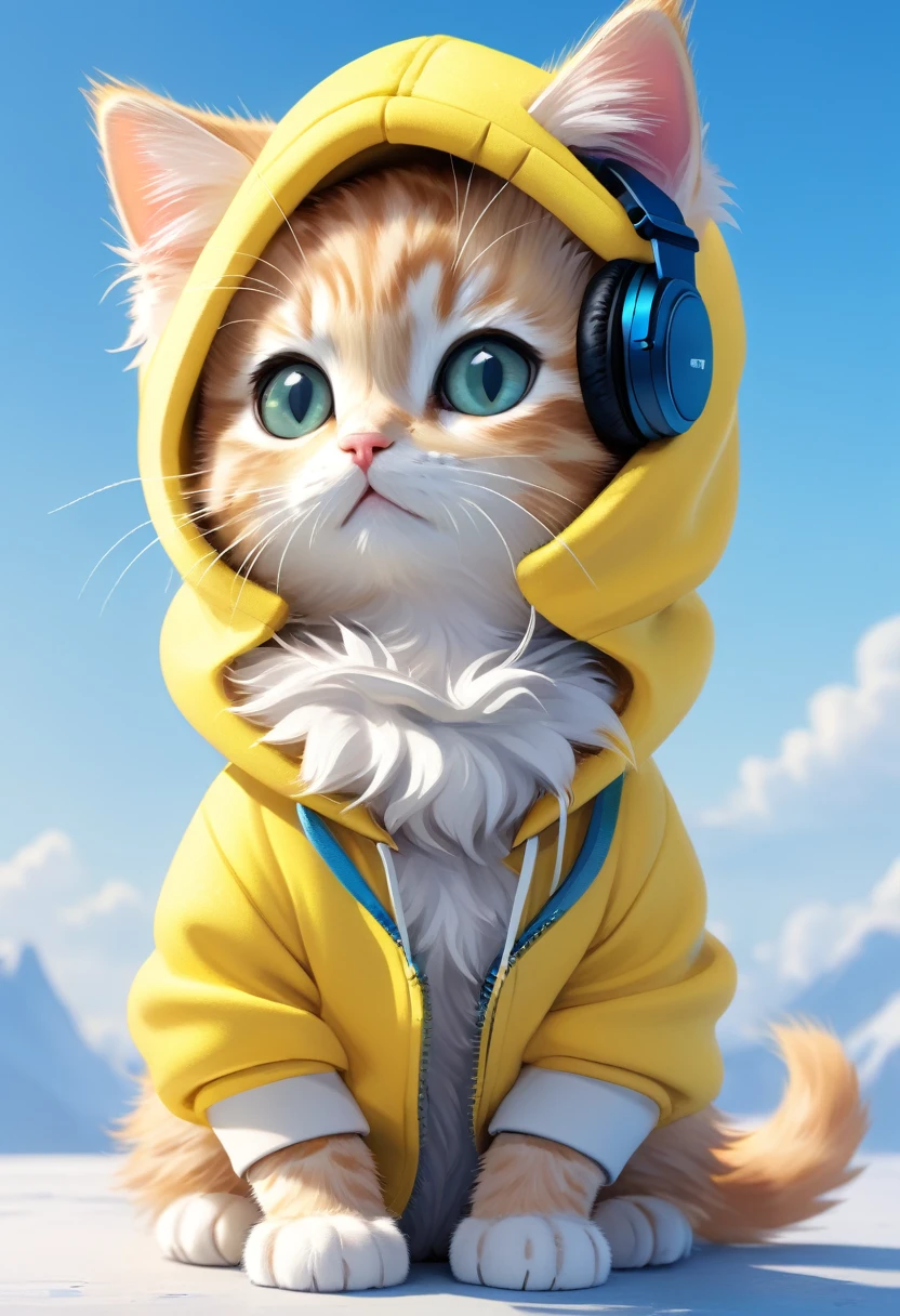 Cute kitten with fluffy fur and yellow clothes, A hoodie and headphones, The background is modern and inorganic, Adorable digital painting, 3D Rendering, Bright lighting, Vibrant colors, The background is blue sky