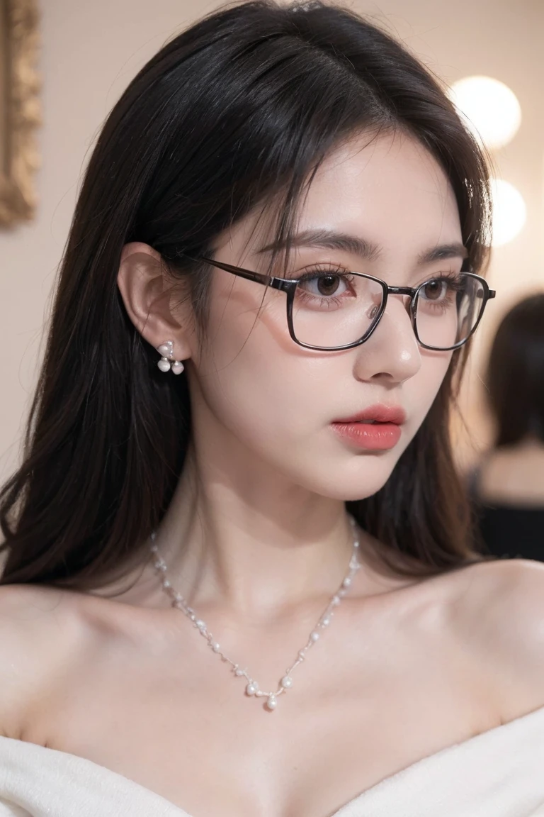beautiful woman looking down at her phone, closeup side profile of woman's face, woman in black dress with off-the-shoulder sleeves, pearl earrings and necklace, wearing glasses, intense and longing gaze, high-quality realistic portrait photograph, natural skin tones, soft lighting, shallow depth of field, photorealistic, 8k, hyper-detailed, intricate details