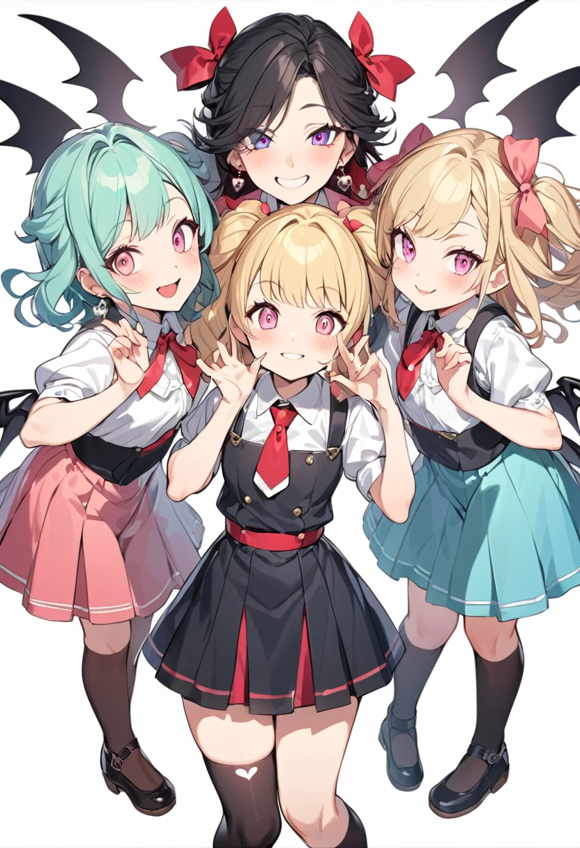 Highest quality, Super Fine, 16K, Very detailed, delicate and dynamic, (3 women and 1 boy:1.4), Cute Woman,boy, Baby Face,Black Hair, Pink Eyes, Detailed eyes, sauce_anime, Attention to detail, hair ornaments,smile, Young characteristics, View your viewers, (White Background:1.3)Fluffy hair, Elementary school girl,Barrette, Black Stockings,Are standing, underwear,Teenage Girl, belly button, skirt,Beautiful illustrations, Highest quality, pretty girl,beautiful girl, Clear Face, pastel colour ,Blonde, smile, blush, にこやかなsmile, Thighs,Perfect hands, Five fingers,Three Succubus (symmetrical succubus wings), (triplets:1.2), (ribbon:1.1), tie, Bree, Earrings, Suspicious Face, alicious smile, Scars and disfiguring facial features, Young characteristics, Fluffy hair, (Laughing with your mouth open), Chiquita, huge , (Put your hands on your face), Ruffled uniforms, Barrette, (laugh at:1.1), Looking down, Angle from behind, Respected by women, (Upward gaze:1.2), (hearts symbol:1.5), (Heart:1.5), (Heart effect:1.5), (Heart symbol:1.5), Devil's Tail, Demonic Taiucubus, (super huge tits:1.3), (Heart Tattoo:1.3), Yodare, Devil's Tail, Chest position, GirlSandwichFaceSandwich (confused and blushing,Cute ahegao pose), Embrace each other, catch, そしてサンドイッチを作ってサンドイッチにEmbrace each otherポーズ, (burying boy's face in cleavage:1.3), Front and back view of the sandwich, Displeased expression 4p, boy looking away