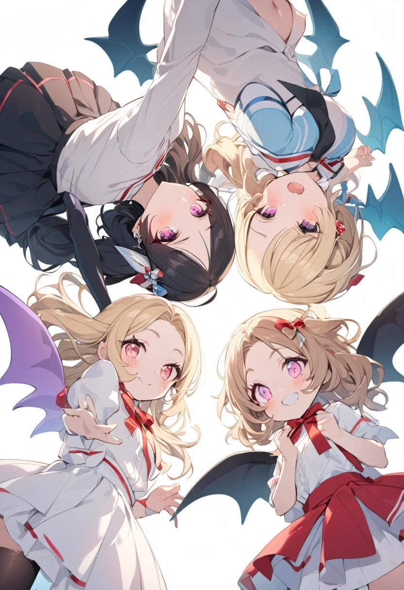 Highest quality, Super Fine, 16K, Very detailed, delicate and dynamic, (3 women and 1 boy:1.4), Cute Woman,boy, Baby Face,Black Hair, Pink Eyes, Detailed eyes, sauce_anime, Attention to detail, hair ornaments,smile, Young characteristics, View your viewers, (White Background:1.3)Fluffy hair, Elementary school girl,Barrette, Black Stockings,Are standing, underwear,Teenage Girl, belly button, skirt,Beautiful illustrations, Highest quality, pretty girl,beautiful girl, Clear Face, pastel colour ,Blonde, smile, blush, にこやかなsmile, Thighs,Perfect hands, Five fingers,Three Succubus (symmetrical succubus wings), (triplets:1.2), (ribbon:1.1), tie, Bree, Earrings, Suspicious Face, alicious smile, Scars and disfiguring facial features, Young characteristics, Fluffy hair, (Laughing with your mouth open), Chiquita, huge , (Put your hands on your face), Ruffled uniforms, Barrette, (laugh at:1.1), Looking down, Angle from behind, Respected by women, (Upward gaze:1.2), (hearts symbol:1.5), (Heart:1.5), (Heart effect:1.5), (Heart symbol:1.5), Devil&#39;s Tail, Demonic Taiucubus, (super huge tits:1.3), (Heart Tattoo:1.3), Yodare, Devil&#39;s Tail, Chest position, GirlSandwichFaceSandwich (confused and blushing,Cute ahegao pose), Embrace each other, catch, そしてサンドイッチを作ってサンドイッチにEmbrace each otherポーズ, (burying boy's face in cleavage:1.3), Front and back view of the sandwich, Displeased expression 4p, boy looking away
