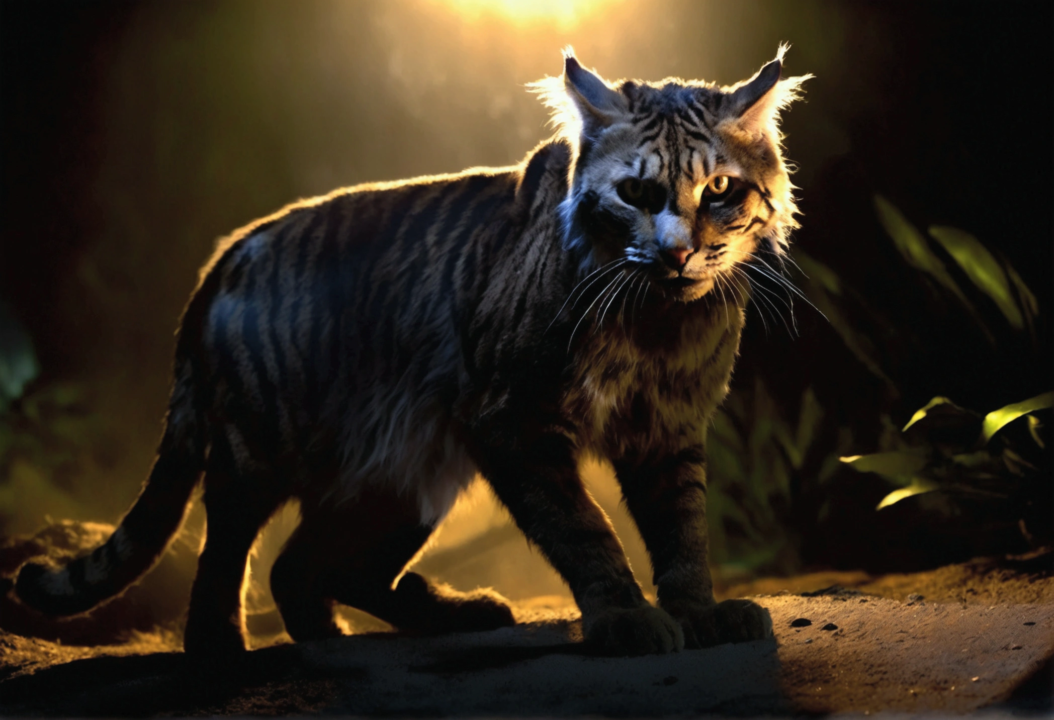 a giant cat,a woman in bikini,stalking,eating,beach,moonlight,horror,playing with prey,extremely detailed,cinematic lighting,vivid colors,dark atmosphere,realistic,photorealistic,photo-realistic:1.37,best quality,4k,8k,highres,masterpiece:1.2,ultra-detailed,dramatic composition,suspenseful,chiaroscuro lighting,moody lighting,volumetric fog,cinematic camera angle,dramatic shadows,detailed texture,glossy fur,terrified expression,prey struggling,powerful predator
