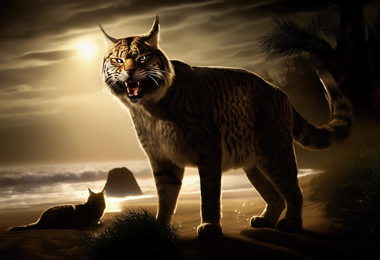 a giant cat,a woman in bikini,stalking,eating,beach,moonlight,horror,playing with prey,extremely detailed,cinematic lighting,vivid colors,dark atmosphere,realistic,photorealistic,photo-realistic:1.37,best quality,4k,8k,highres,masterpiece:1.2,ultra-detailed,dramatic composition,suspenseful,chiaroscuro lighting,moody lighting,volumetric fog,cinematic camera angle,dramatic shadows,detailed texture,glossy fur,terrified expression,prey struggling,powerful predator