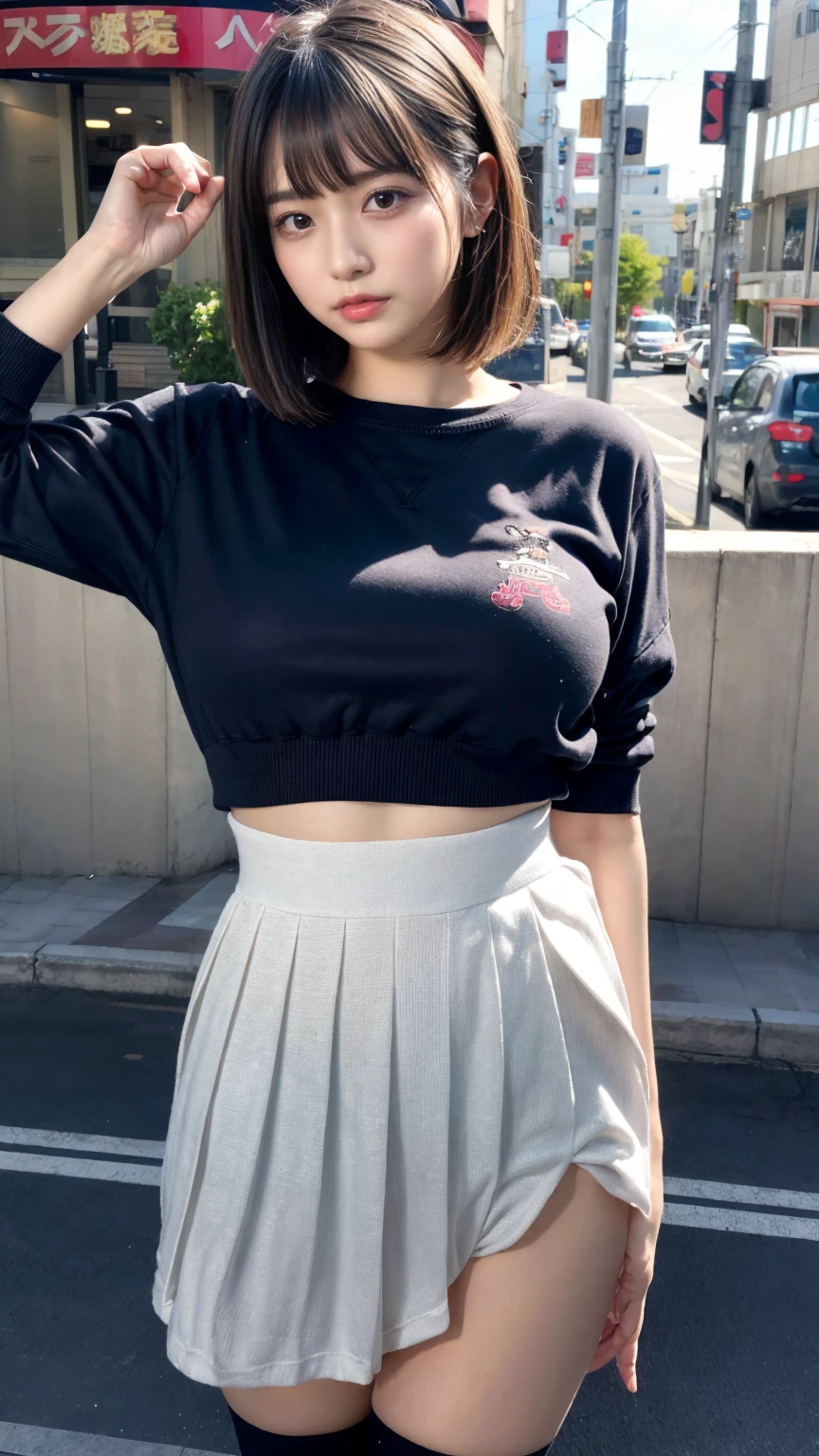 muster piece, best quality, illustration, Super detailed, fine details, High resolution, 8K,wall paper, perfect dynamic composition,(Details High quality, realistic depiction of eyes:1.3), Highly detailed and elegant applique cotton jersey sweatshirt made of cotton jersey。, Pleated skirt, Features a relaxed and relaxed silhouette., short bob hair, black hair color, Big Natural Color Lip, (perfect body style), sexy pose, crying a little、cold gaze, Harajuku style、20 year old girl、cute type、ta, hposing Gravure Idol, full body photo、focus on crotch, huge breasts