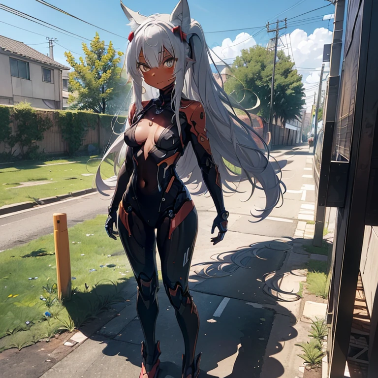(Fox Girl, Fox Ears, Silver Hair, Fox Makeup, One Girl, Long Hair, Alone on the screen, dark skin:1.6), (mecha musume, Machinery Parts,Robot Joints, White and red clothes, Full body mechanical suit:1.8), (Body measurements are 75-60-75!, Young girl body, Small breasts, Proudly, Standing posture, slender, muscle:1.9), Avatar, face, lewd face, Dominant representation, naughty face, Uplifting, Skin Texture, outside, Grassy field