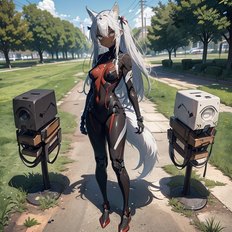 (Fox Girl, Fox Ears, Silver Hair, Fox Makeup, One Girl, Long Hair, Alone on the screen, dark skin:1.6), (mecha musume, Machinery Parts,Robot Joints, White and red clothes, Full body mechanical suit:1.8), (Body measurements are 75-60-75!, Young girl body, Small breasts, Proudly, Standing posture, slender, muscle:1.9), Avatar, face, lewd face, Dominant representation, naughty face, Uplifting, Skin Texture, outside, Grassy field