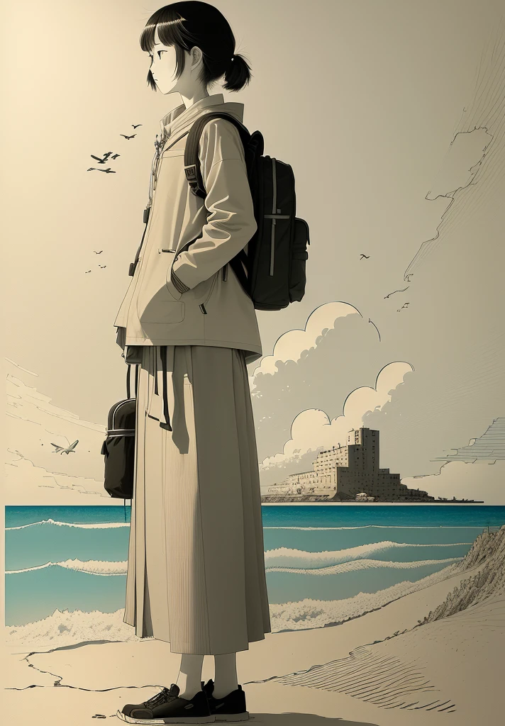 A man standing on the beach,Carrying a backpack,A bird flies in the sky, Inspired by Takeyama Koji Saneatsu, This girl has a backpack, Saul Steinberg(Saul Steinberg)of inspiration, Inspired by Yasui Kotaro, Explorer Sketch, Inspired by Michizari Kono, Line Drawing, Inspired by Onchi Koshiro