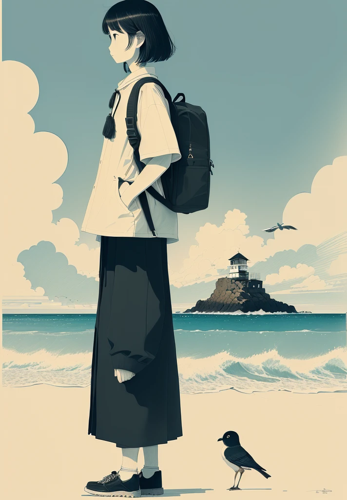 A man standing on the beach，Carrying a backpack，A bird flies in the sky, Inspired by Takeyama Koji Saneatsu, This girl has a backpack, Saul Steinberg（Saul Steinberg）of inspiration, Inspired by Yasui Kotaro, Explorer Sketch, Inspired by Michizari Kono, Line Drawing, Inspired by Onchi Koshiro