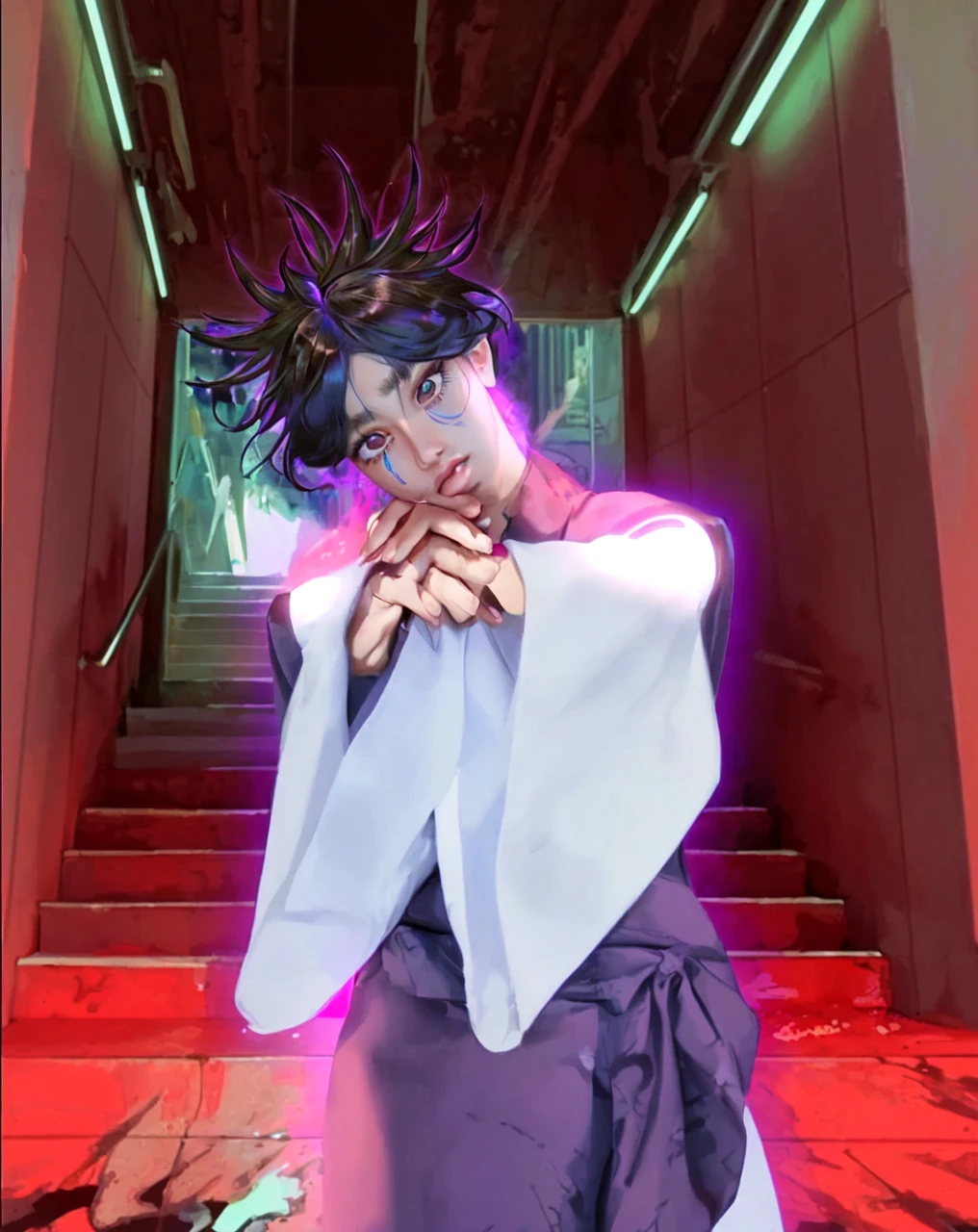 ( CHOSO_JUJUTSU NO KAISEN),((realistic, photorealistic)),(highlight hair)), Light reflection, (( HD )),((upper body)), (((best quality, masterpiece))), (masterpiece) (best quality) (detail) (8k) (HDR) (wallpaper) (cinematic lighting) (sharp focuasterpiece, best quality: 1.1), Real life adaption of this character, realistic outfit, realistic shadow, realistic light, realism, hyper realistic, realistic background,realistic hair,(photorealistic:1.2), (masterpiece: 1.2), (best quality: 1.3), (clear details: 1.3), ((((ultra-detailed)))), ((detailed eyes)), (extremely detailed face:1.4), (highly detailed eyelash:1.6), highly detailed eyes, sharp details, high contrast, (shiny skin), 1boy,Shibuya train station background, Stairs lead to the bottompurple and blue gradations, glow effect, smoke, shadow,gradient hair,Lines under the eyes, blood stains on hands,