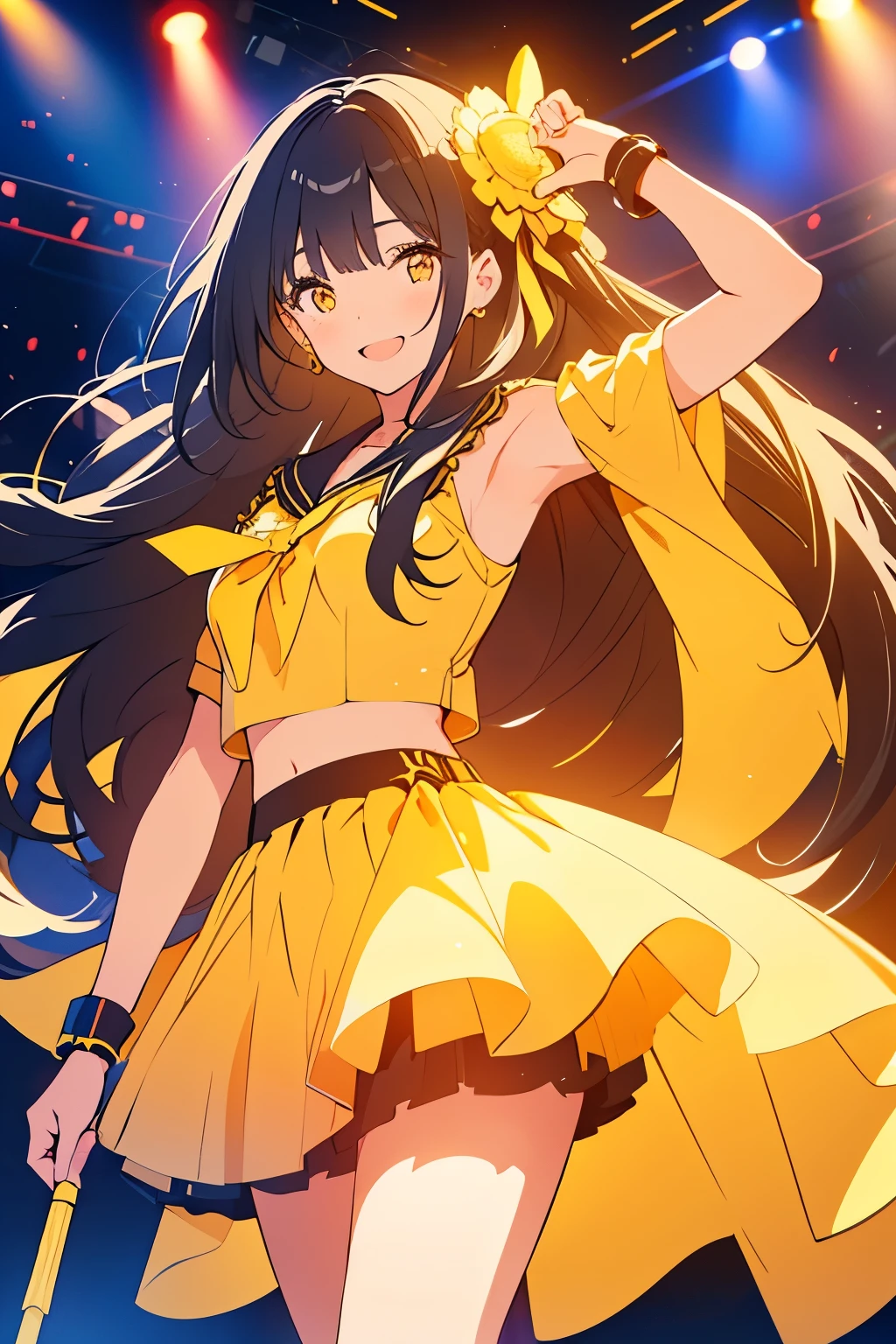 A girl, with long black hair, yellow eyes, wearing cute idol outfit, with sweet smile on her face, posing standing on the stage and holding microphone (singing), background is a stage with busy yellow lightstick, HD picture, good AI art, NO BLUR PICTURE. 