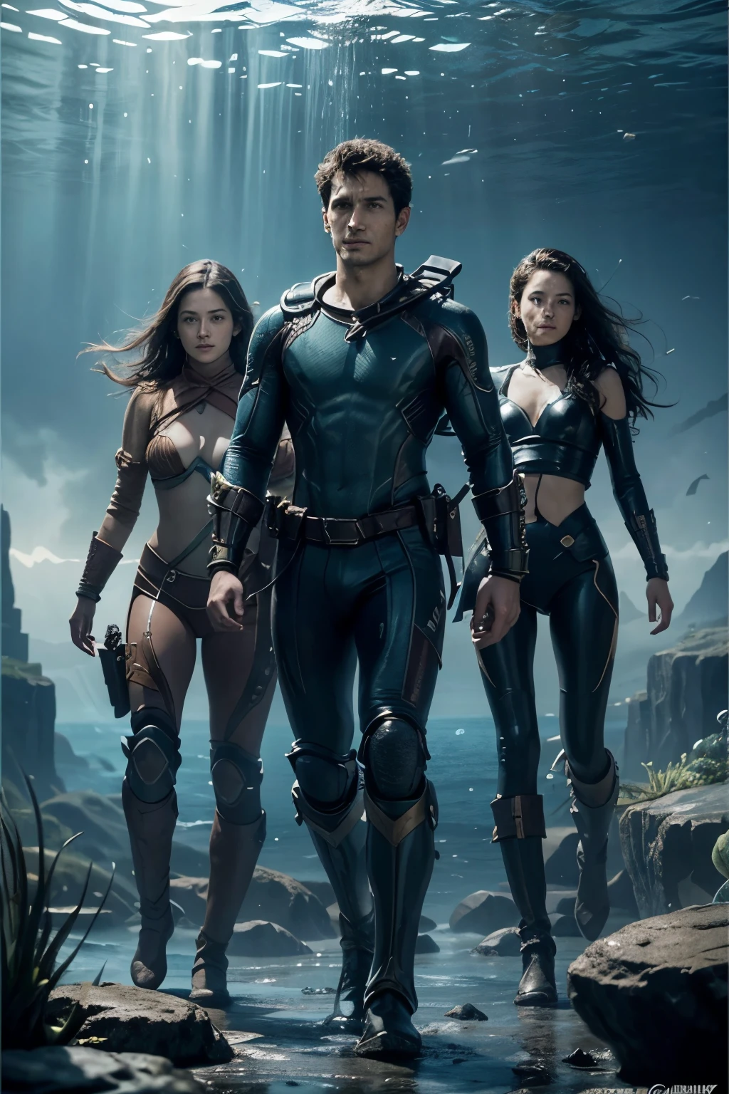 A group of Atlantean adventurers setting out on an expedition, either exploring the depths of the ocean or distant lands. They should be equipped with advanced gear, such as underwater suits, navigation devices, and energy weapons. The background should feature the edge of Atlantis, blending into the mysterious, uncharted territories they are about to explore.