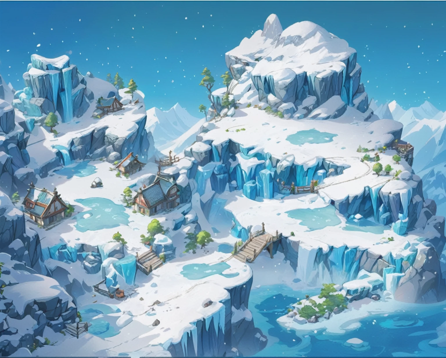 传奇皮肤“glacier，Snowfield，Snow White，glacier，stone buildings，glacier雪原场景，Green Plants，Cartoon Style，Game scene