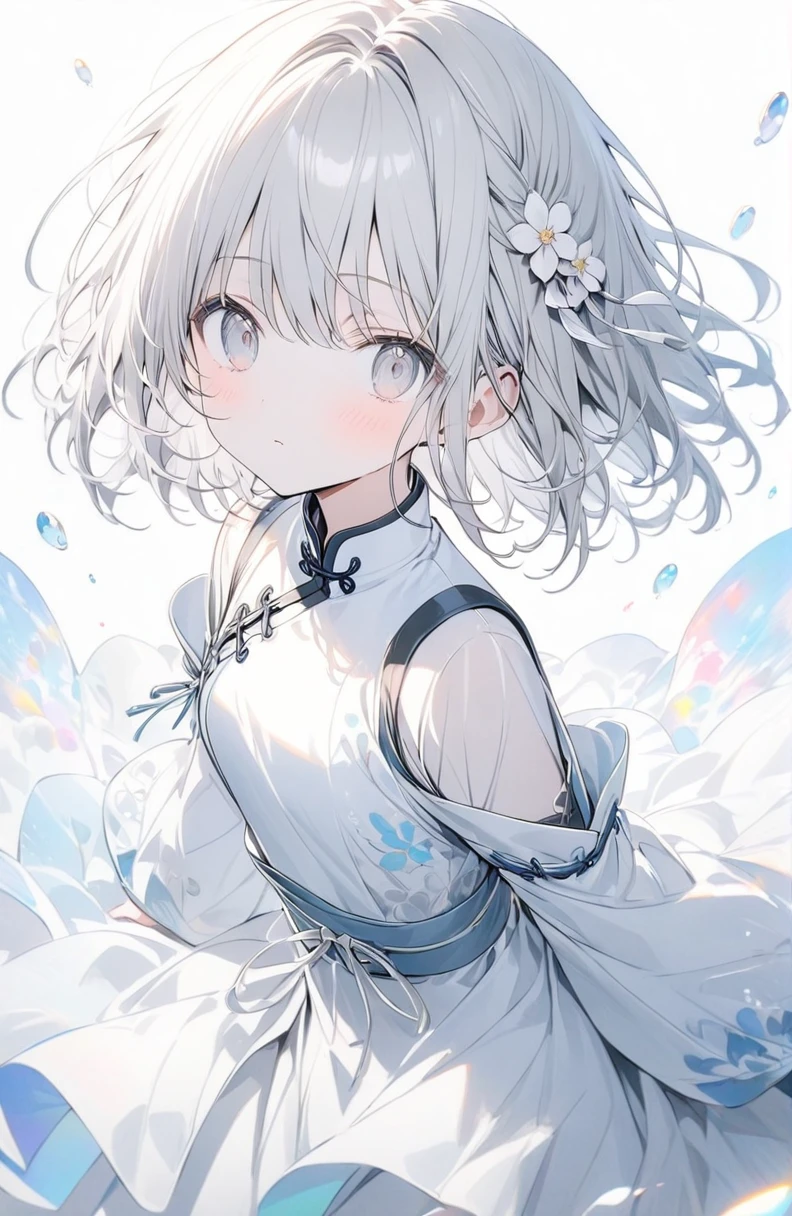 (masterpiece:1.2),(anime),、girl、cute，Silver Hair，Light blue shining eyes，sweets dream, A colorful world, cute, like, Highest quality, masterpiece，【Highest quality, Tabletop】 (Gray white background:1.7), Han Fei，Grey Hair，White flower hair ornament，White ribbon，Grey Eyes，Black and white clothes，White translucent socks，Fleeting，Expressionless，dream，White background，whole body，Character portrait，A disdainful look，Chinese style clothes，Chinese clothing，Monochrome，Fleeting，