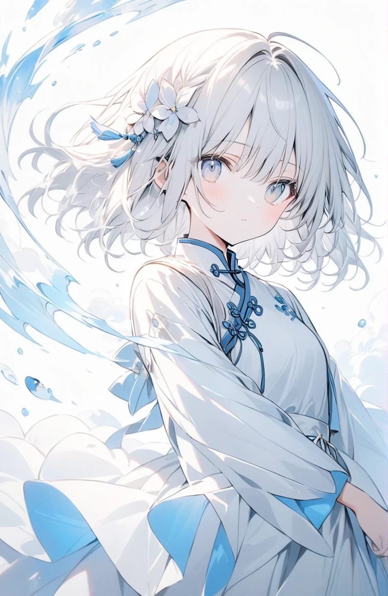 (masterpiece:1.2),(anime),、girl、cute，Silver Hair，Light blue shining eyes，sweets dream, A colorful world, cute, like, Highest quality, masterpiece，【Highest quality, Tabletop】 (Gray white background:1.7), Han Fei，Grey Hair，White flower hair ornament，White ribbon，Grey Eyes，Black and white clothes，White translucent socks，Fleeting，Expressionless，dream，White background，whole body，Character portrait，A disdainful look，Chinese style clothes，Chinese clothing，Monochrome，Fleeting，