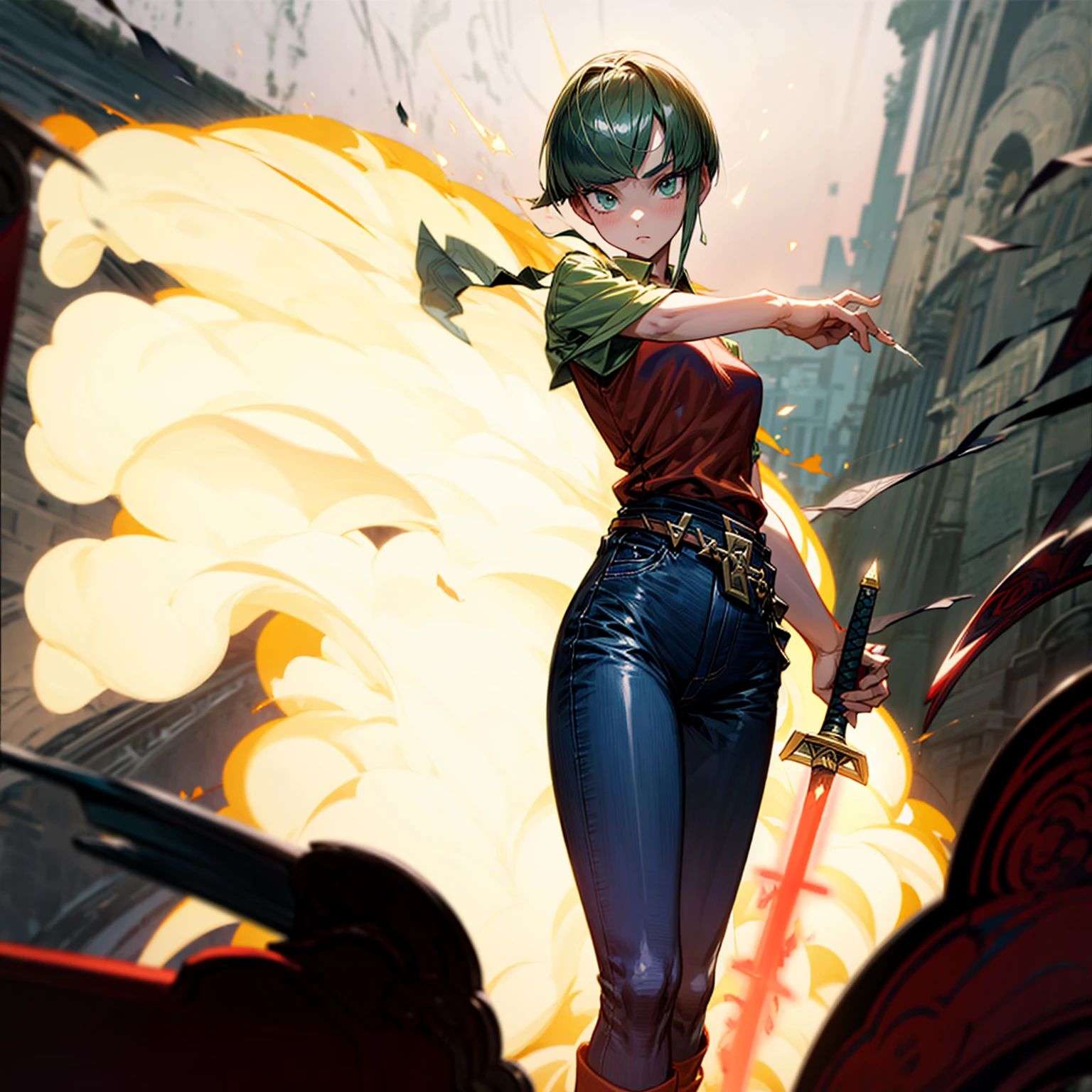 1girl, Full body version, 1character, green eyes, short haircut, (green color hair), undershirt style clothing, red colour clothing, jeans, belt, boots, Grassroots, full background in street city, (motion blur), (detective conan style art), sword in hand, fire effect on sword, lighting effect on sword, fire effect, blood on sword, smoke effect, fire effect 