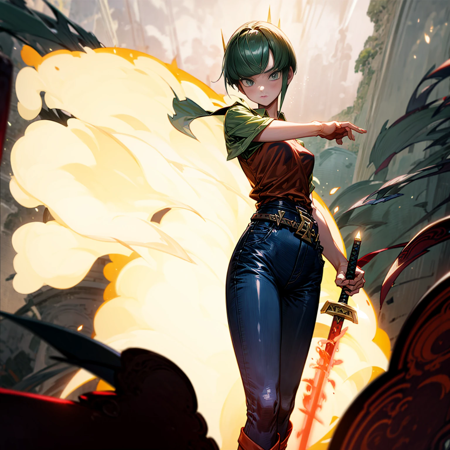 1girl, Full body version, 1character, green eyes, short haircut, (green color hair), undershirt style clothing, red colour clothing, jeans, belt, boots, Grassroots, full background in street city, (motion blur), (detective conan style art), sword in hand, fire effect on sword, lighting effect on sword, fire effect, blood on sword, smoke effect, fire effect