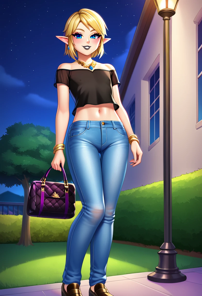 divine light,young,linkxl,thin,tall,blonde hair,pointy ears,blue eyes,black lips,eye shadow,blush,makeup,(confident and mean:1.1),smile,chest binder,luxurious necklaces,school outfit,navel,jeans,triforce purse handbag, standing, night, solo, outdoors, from below,