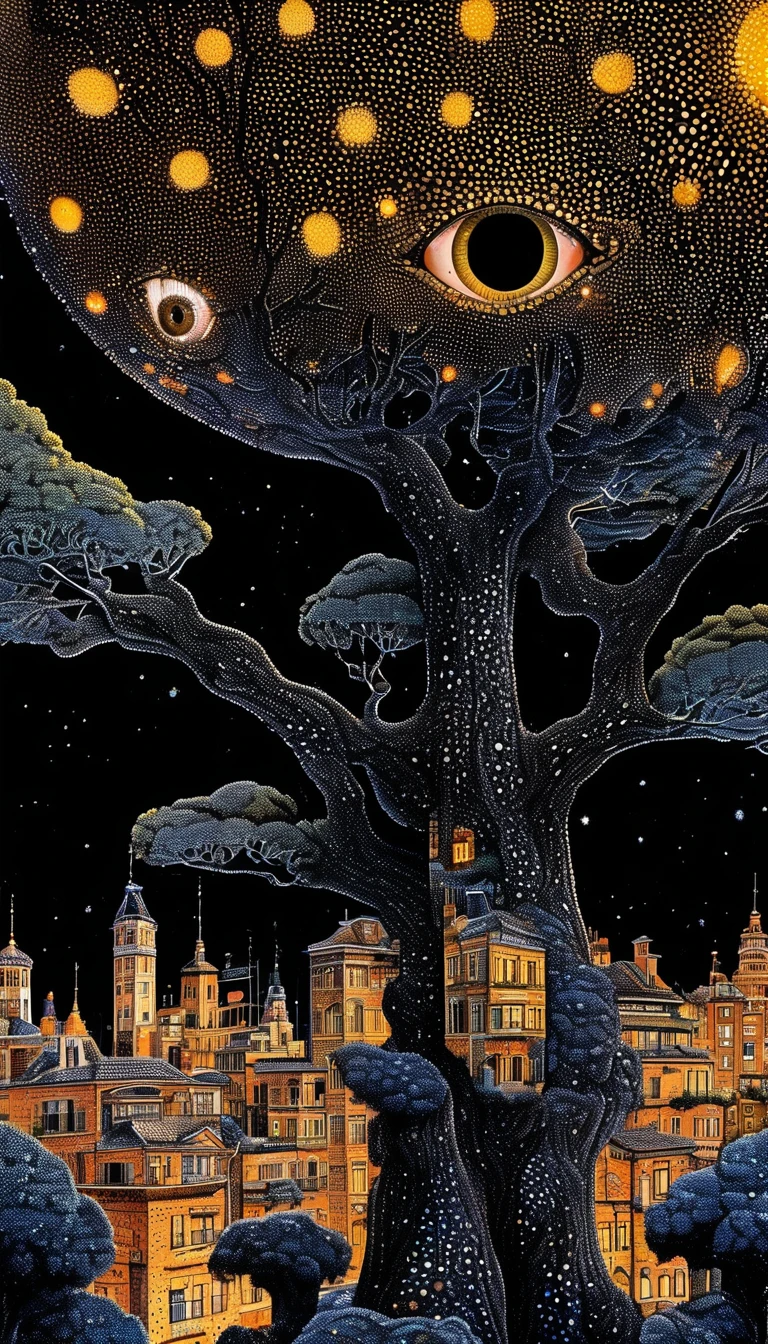 Strange illustration，Pointillism method，Trypophobia，Buildings on treetops，Eye，unrealistic，Strong visual impact，black background，Star
