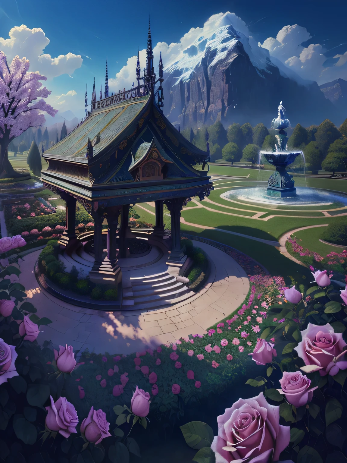 A painting of a large rose garden,There are fountains and fountains in the park, Detailed Dreams, Well-designed digital art, Beautiful and detailed fantasy, Magical fantasy forest, 4k highly detailed digital art, very surreal garden, Detailed fantasy digital art, Landscape Art Detail, Magic fantasy very detailed, Immortal Palace, Royal Garden Background, 8k Highly Detailed Art, Extremely detailed fantasies