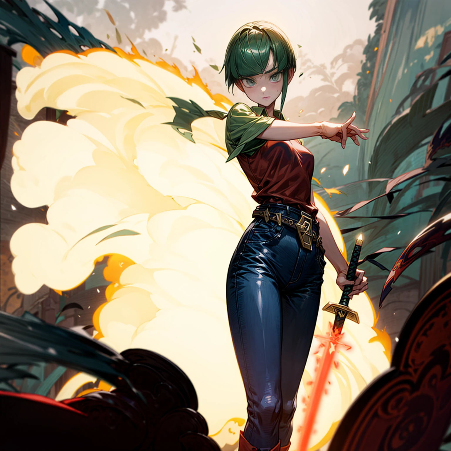 1girl, Full body version, 1character, green eyes, short haircut, (green color hair), undershirt style clothing, red colour clothing, jeans, belt, boots, Grassroots, full background in street city, (motion blur), (detective conan style art), sword in hand, fire effect on sword, lighting effect on sword, fire effect, blood on sword, smoke effect, fire effect 