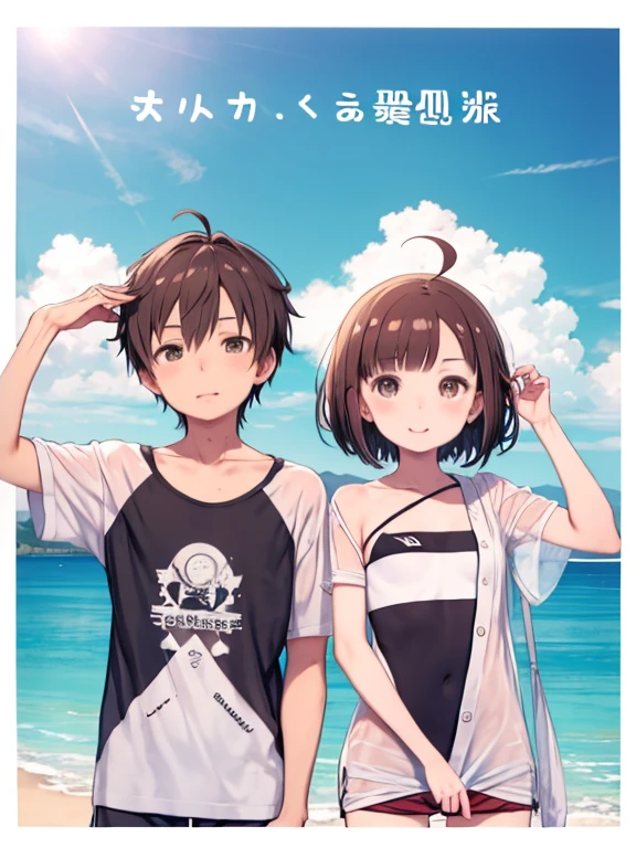 One Boy、short hair、Straight Hair、Flat Hair、Brown Hair、Brown eyes、Forehead、Ahoge、Swimwear、Shorts、Short-sleeved shirt、Do not button、Ocean、beach、laughing、Ocean水浴、Upper Body、Watching the audience、