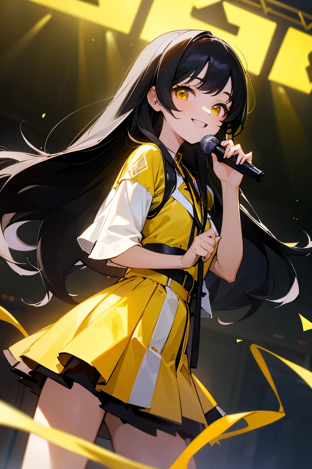 A girl, with long black hair, yellow eyes, wearing cute idol outfit, with sweet smile on her face, posing standing on the stage and holding microphone (singing), background is a stage with busy yellow lightstick, HD picture, good AI art, NO BLUR PICTURE. 
