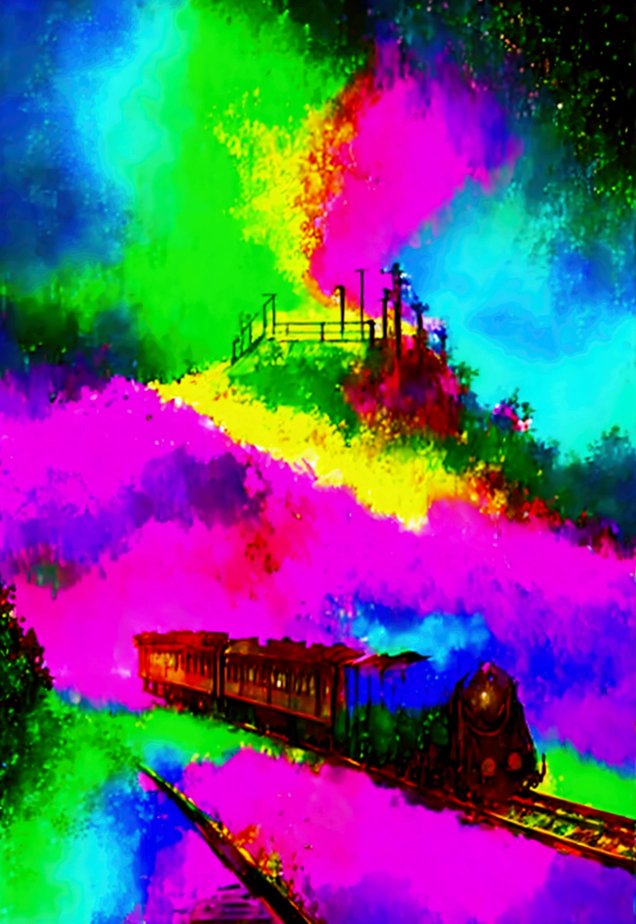 A locomotive running on rainbow-colored tracks,colorful,beautiful flower,wonderful景色,Utopia,An atmosphere full of dreams and hope,masterpiece.16K, Ultra-high resolution, Ultra-high resolution, to be born,wonderful ,future、Iridescent、The world 30 years from now。