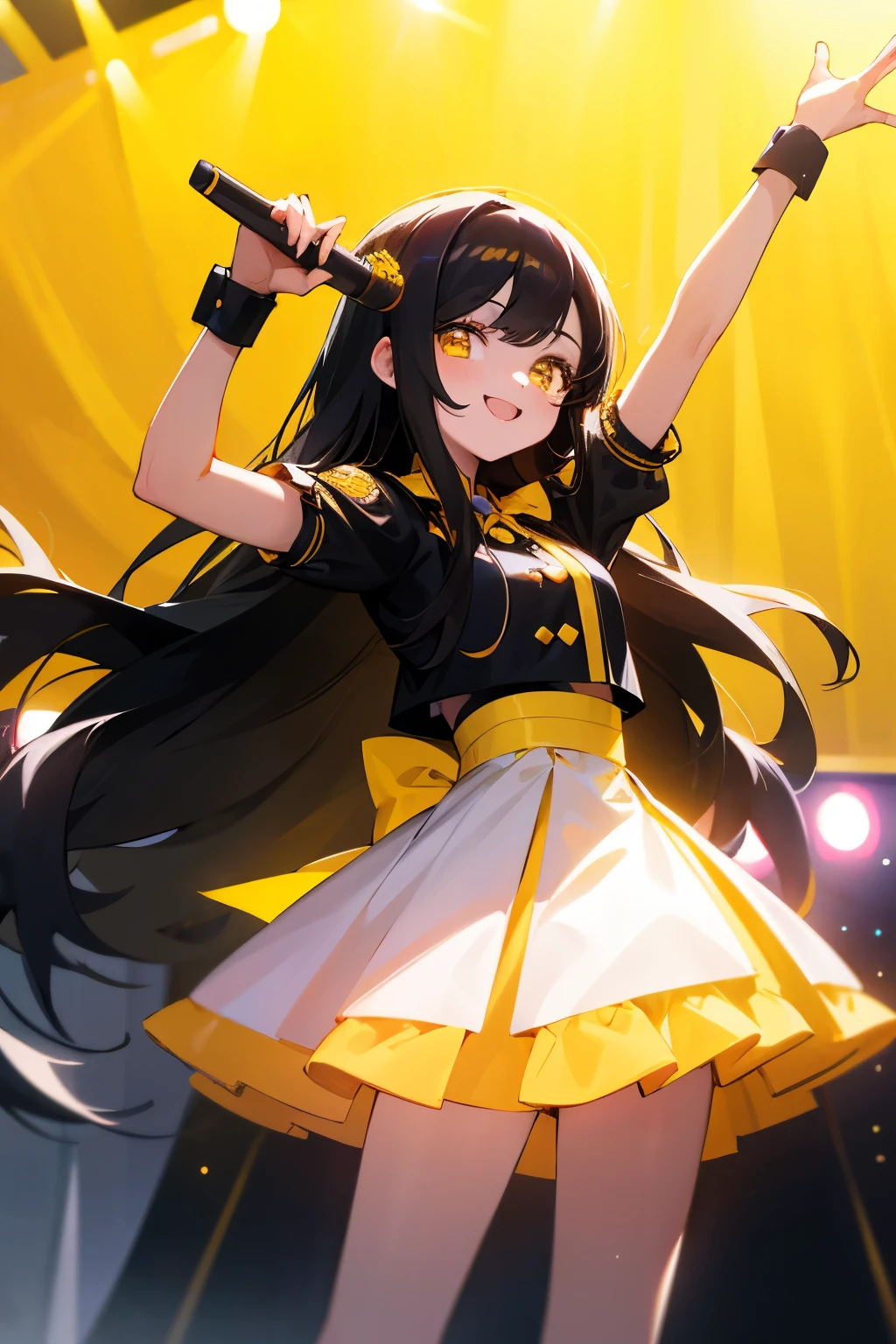 A girl, with long black hair, yellow eyes, wearing cute idol outfit, with sweet smile on her face, posing standing on the stage and holding microphone (singing), background is a stage with busy yellow lightstick, HD picture, good AI art, NO BLUR PICTURE.
