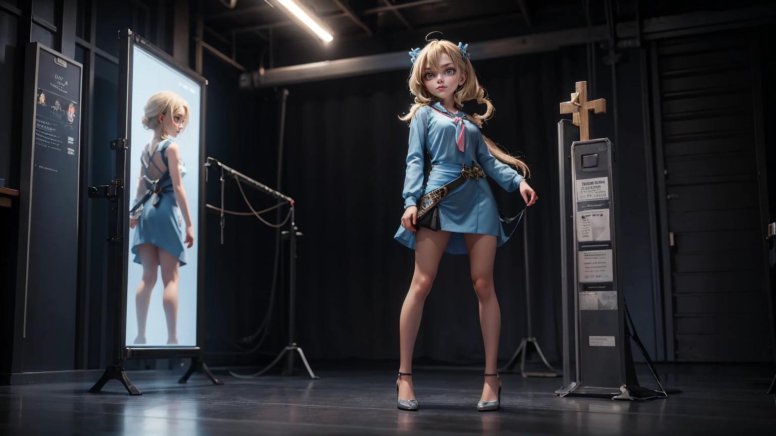 cute Japanese girl in a Wrap Dress: Crosses in front and ties at the waist, creating a V-shaped neckline. dress , Updos: Elegant styles like chignons or twisted updos. hair style, blond hairs hairs,, blue dress, gaming , smiling face, short dress full straight standing pose, student, , Full body, modern girl, games girl, Simple white background,,, design sheet, HD, full body, standing, modern futuristic dress, front view
