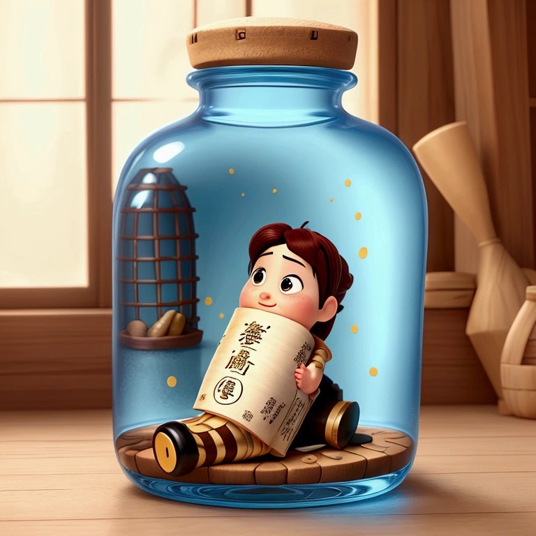 drifting bottle, There is a scroll in the bottle,pixar cartoon style,masterpiece, best quality