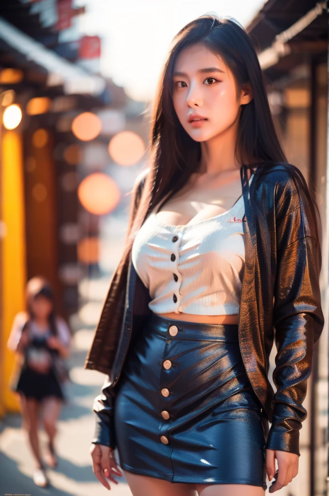 japanese, woman, young adult, straight hair, black hair, Curvy, cardigan, skirt, boots, realistic, Surrealism, High detail, Ray Tracing, Hyper HD, masterpiece, Textured skin, 4K, 8k, Highest quality, reality, Real person, Detailed face, high resolution, real face,