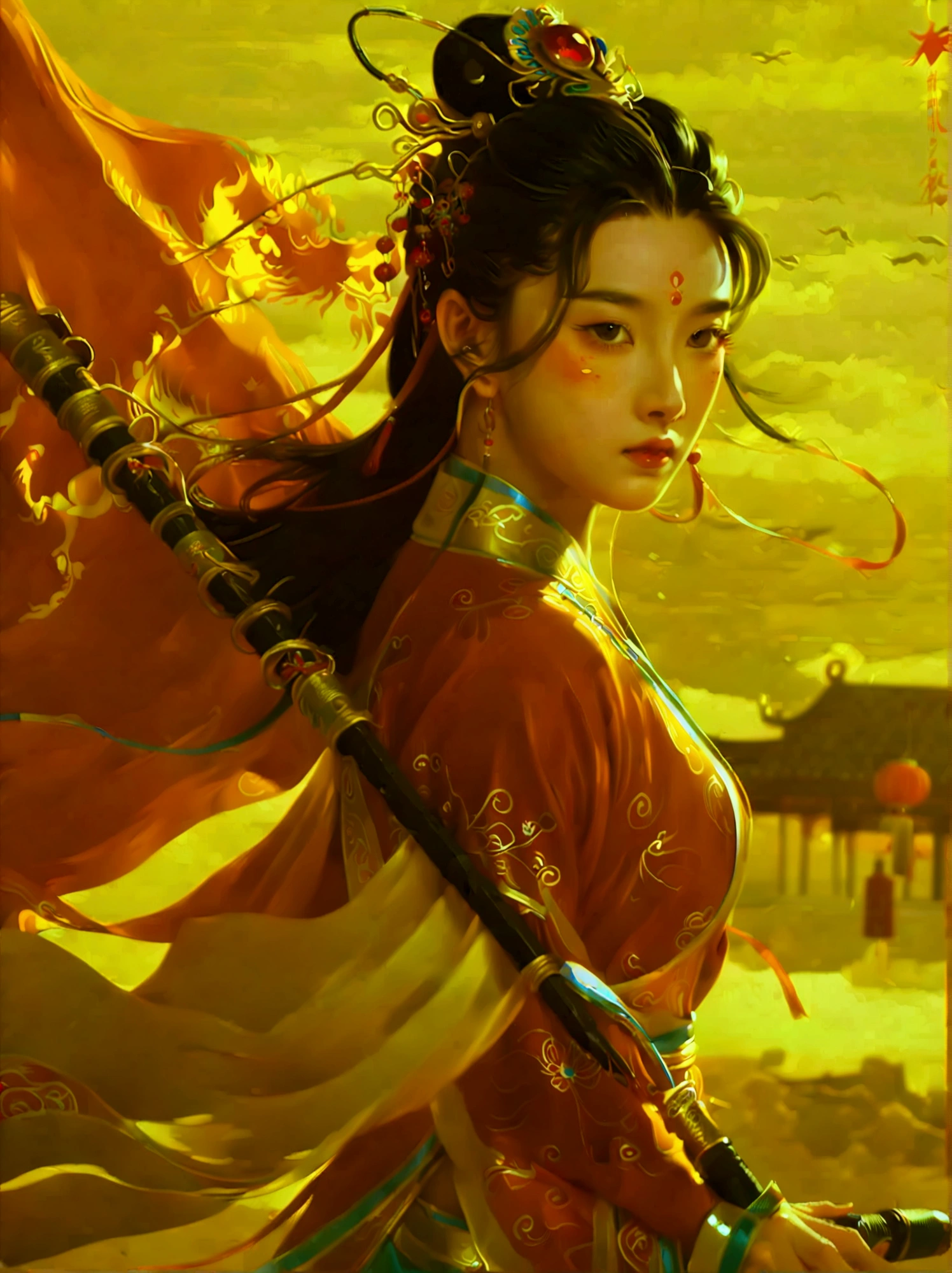 Chinese style,Ancient battlefield,Chinese female general,Holding a long sword,Grim expression,whole body,Stunning facial features,Red robe,armor,boots,Yellow sand in the sky,Fire,Game Model,stunning light and shadow,OC Rendering,Rim Light,Delicate light,Super Fine,Epic Composition,Ultra HD,(Aesthetics and aesthetics:1.2),(Chinese girl's facial features:1.8),(Front view:1.9),(以广角镜头拍摄whole body的顶级摄影师作品:1.5),Looking at the audience,masterpiece,Best quality,Anatomically correct,Textured Skin,Super Detail,8k,high resolution,Vibrant colors, Thick Line, wave, Multi-layer, prospect,