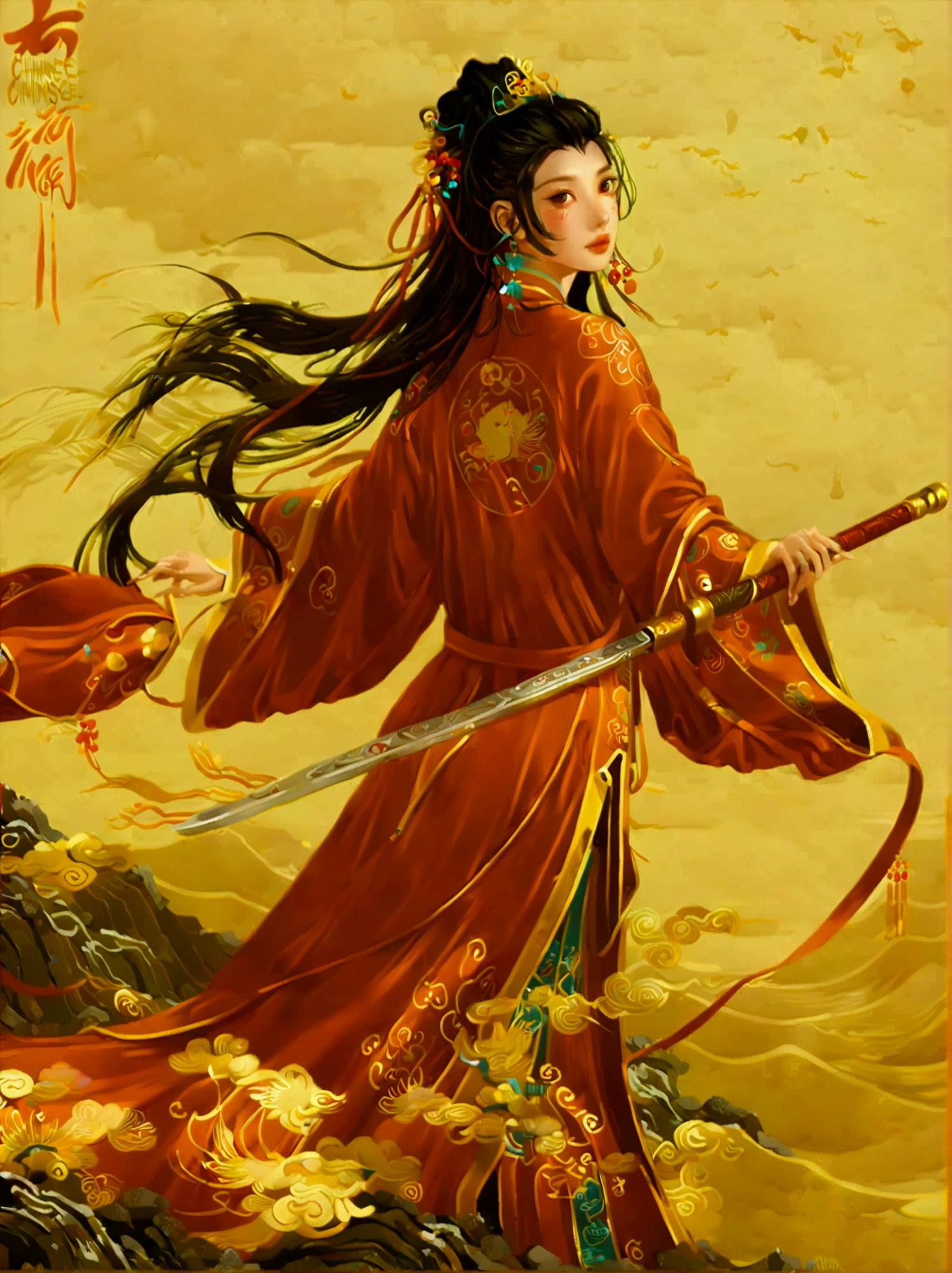 Chinese style,Ancient battlefield,Chinese female general,Holding a long sword,Grim expression,whole body,Stunning facial features,Red robe,armor,boots,Yellow sand in the sky,Fire,Game Model,stunning light and shadow,OC Rendering,Rim Light,Delicate light,Super Fine,Epic Composition,Ultra HD,(Aesthetics and aesthetics:1.2),(Chinese girl's facial features:1.8),(Front view:1.9),(以广角镜头拍摄whole body的顶级摄影师作品:1.5),Looking at the audience,masterpiece,Best quality,Anatomically correct,Textured Skin,Super Detail,8k,high resolution,Vibrant colors, Thick Line, wave, Multi-layer, prospect,