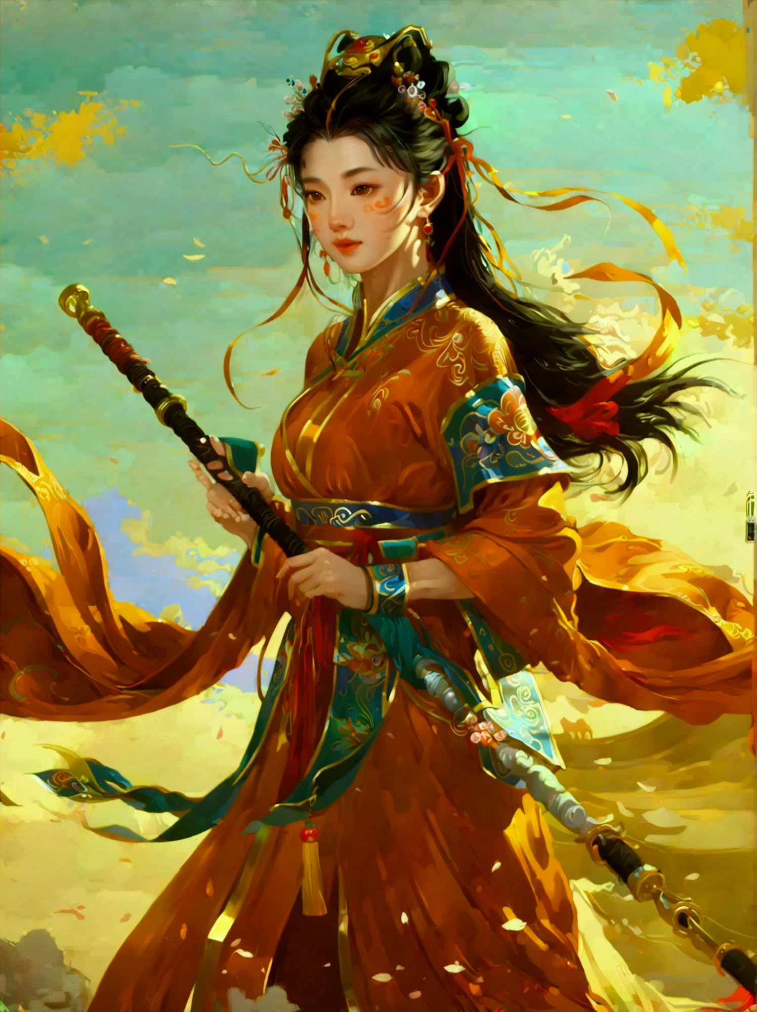 Chinese style，Ancient battlefield，Chinese female general，Holding a long sword，Grim expression，whole body，Stunning facial features，Red robe，armor，boots，Yellow sand in the sky，Fire，Game Model，stunning light and shadow，OC Rendering，Rim Light，Delicate light，Super Fine，Epic Composition，Ultra HD，(Aesthetics and aesthetics:1.2)，(Chinese girl&#39;s facial features:1.8)，(Front view:1.9)，(以广角镜头拍摄whole body的顶级摄影师作品:1.5)，Looking at the audience，masterpiece，Best quality，Anatomically correct，Textured Skin，Super Detail，8k，high resolution，Vibrant colors, Thick Line, wave, Multi-layer, prospect, 