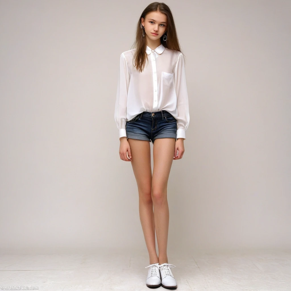 black pubic hair, front view, beautiful, completely naked very skinny russian girl , bare thighs, earrings, in wide open white blouse, stand in mix shoes heel, arms crossed, white background, photorealistic