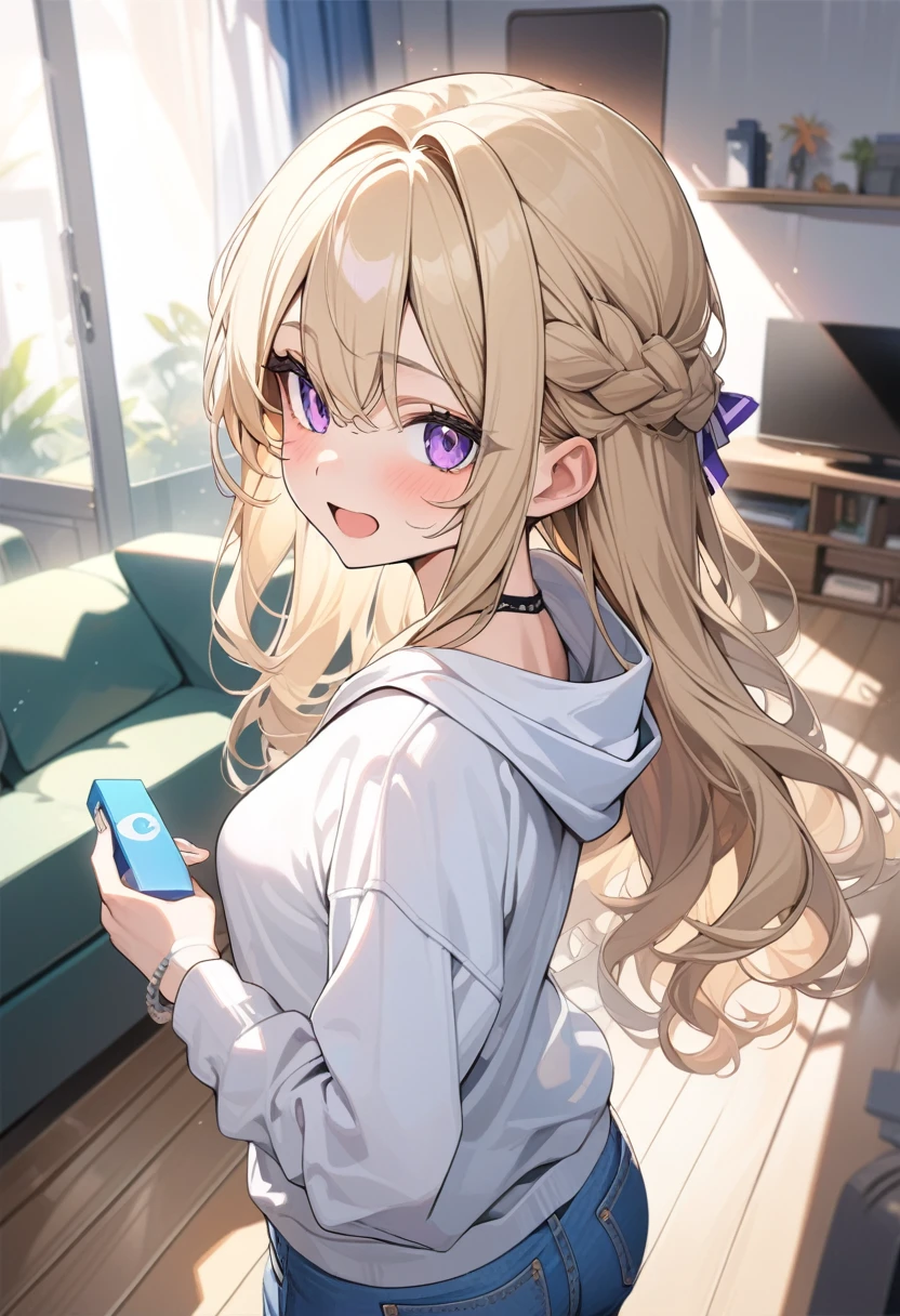 masterpiece, best quality, extremely detailed, ultra detailed, flat anime, 2D,
1girl, (young adult:1.2),blonde hair, (semi-long hair:1.2), curly hair, french braid, medium breasts, purple eyes, tsurime, height 1.7meters, 
white hooded sweatshirt, jeans,bracelet, long sleeves,socks,
very interesting, open mouth, ((small USB flash memory in hand)), 
upper body, portrait, looking back
summer, livingroom, 12AM., standing