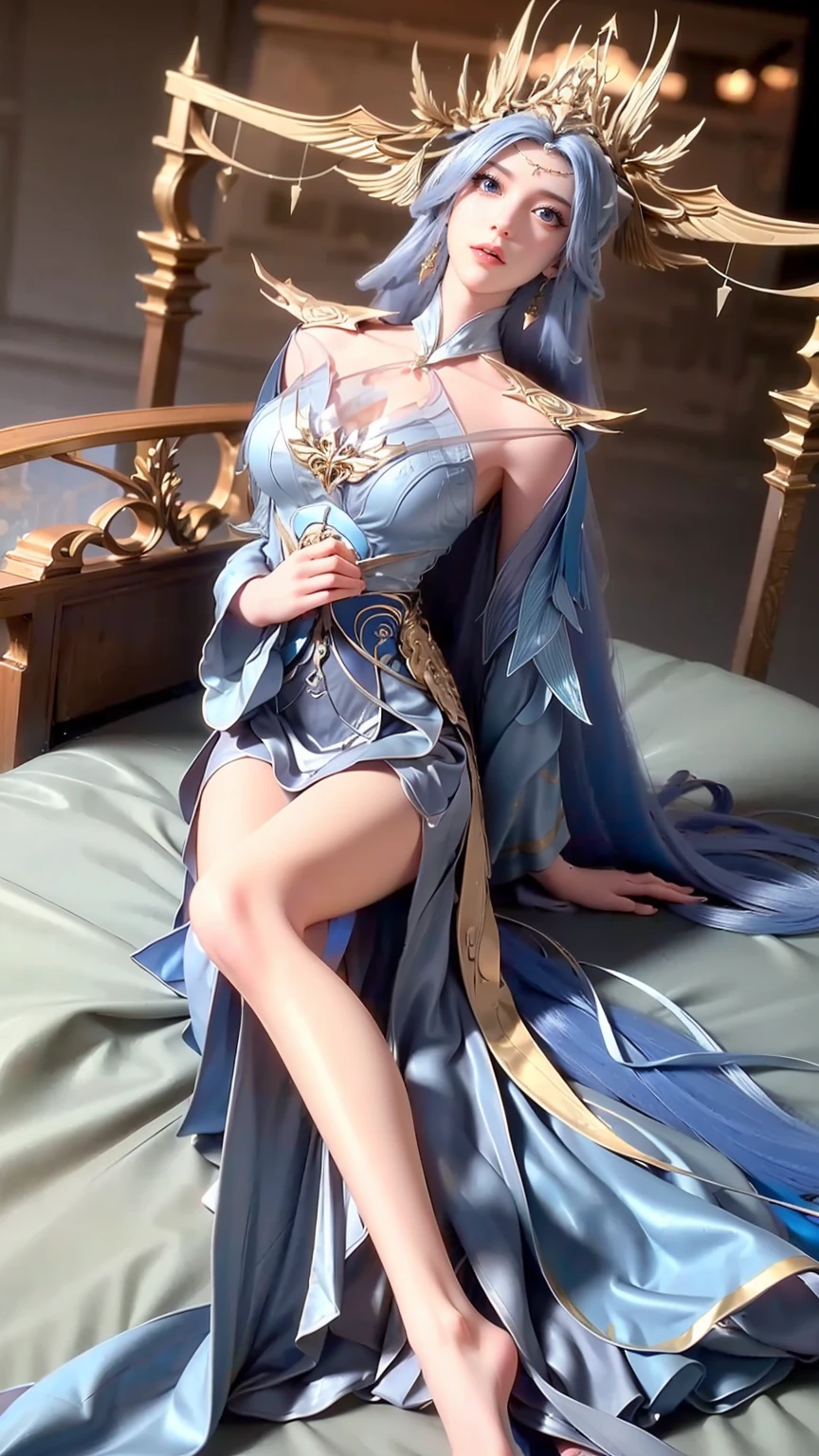a young woman lying on a bed, wearing a spaghetti strap nightgown, facing upwards, slightly lifting her legs, extremely detailed and beautiful portrait of a with large breasts, high resolution, 4k, 8k, cinematic, full body, lying down, long legs, very large bust, full body capture, (((lying on the bed))), (((full body lying on the bed))), large bed, bare shoulders, shoulder-length skirt, lying on the bed, head resting on a pillow, lying down, head on the pillow, (((fully reclined on the bed))), fully reclined on the bed, (((light blue long hair))), (((blue eyes)))